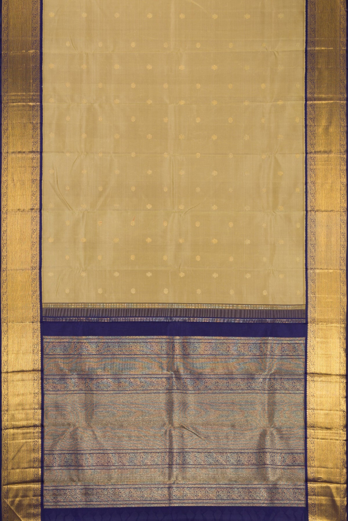 Flat view of Pure Silk Pure Zari Dark Beige Kanjivaram Saree with Zari Butta on the body and Zari Border. 