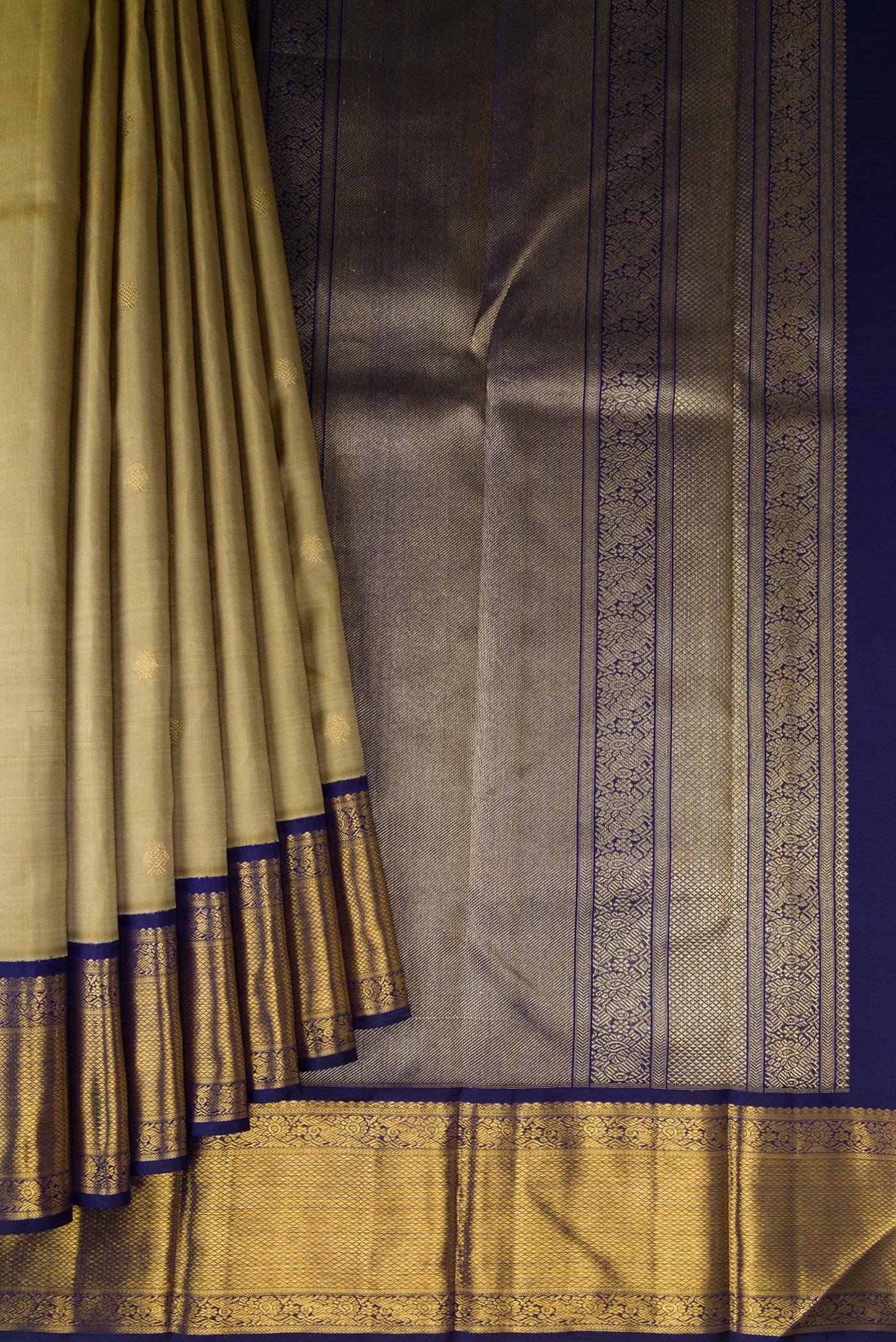 Pleats and pallu of Pure Silk Pure Zari Dark Beige Kanjivaram Saree with Zari Butta on the body and Zari Border. 