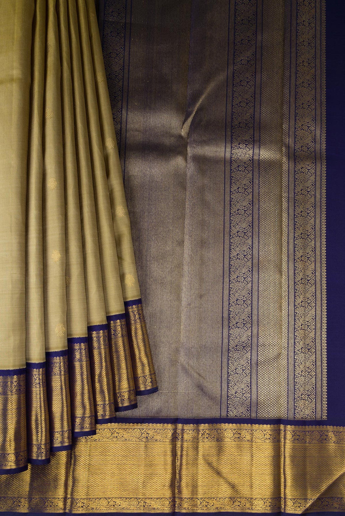 Pleats and pallu of Pure Silk Pure Zari Dark Beige Kanjivaram Saree with Zari Butta on the body and Zari Border. 