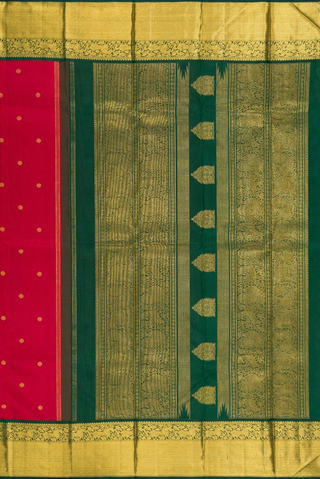 Close up image of the pallu of Pure Silk Pure Zari Maroon Kanjivaram Saree with Zari Butta on the body and Zari Border. 