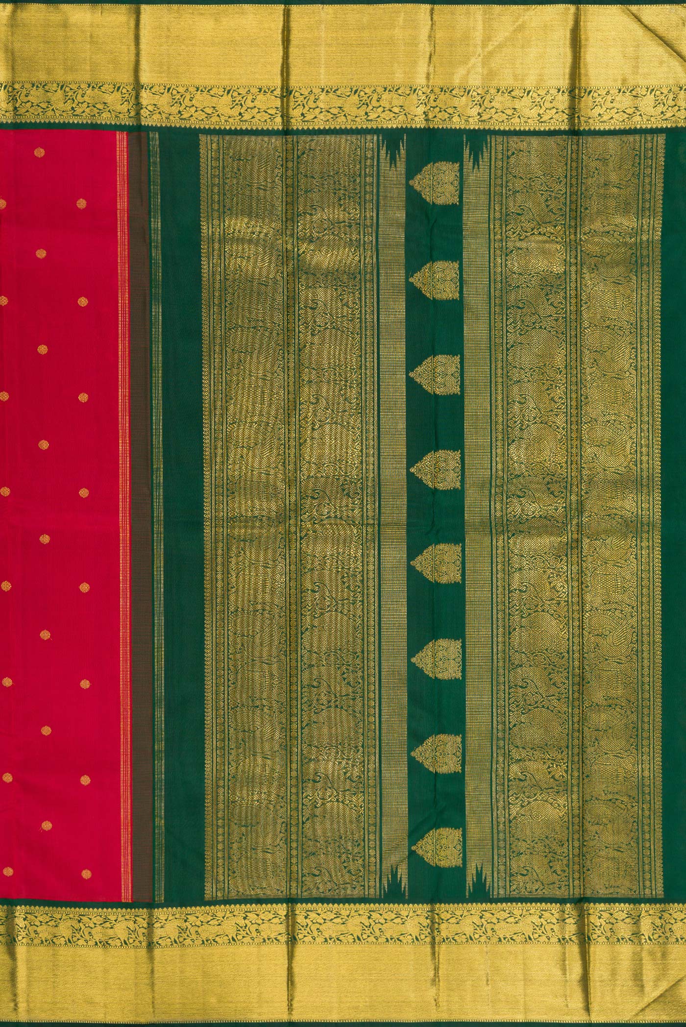 Close up image of the pallu of Pure Silk Pure Zari Maroon Kanjivaram Saree with Zari Butta on the body and Zari Border. 