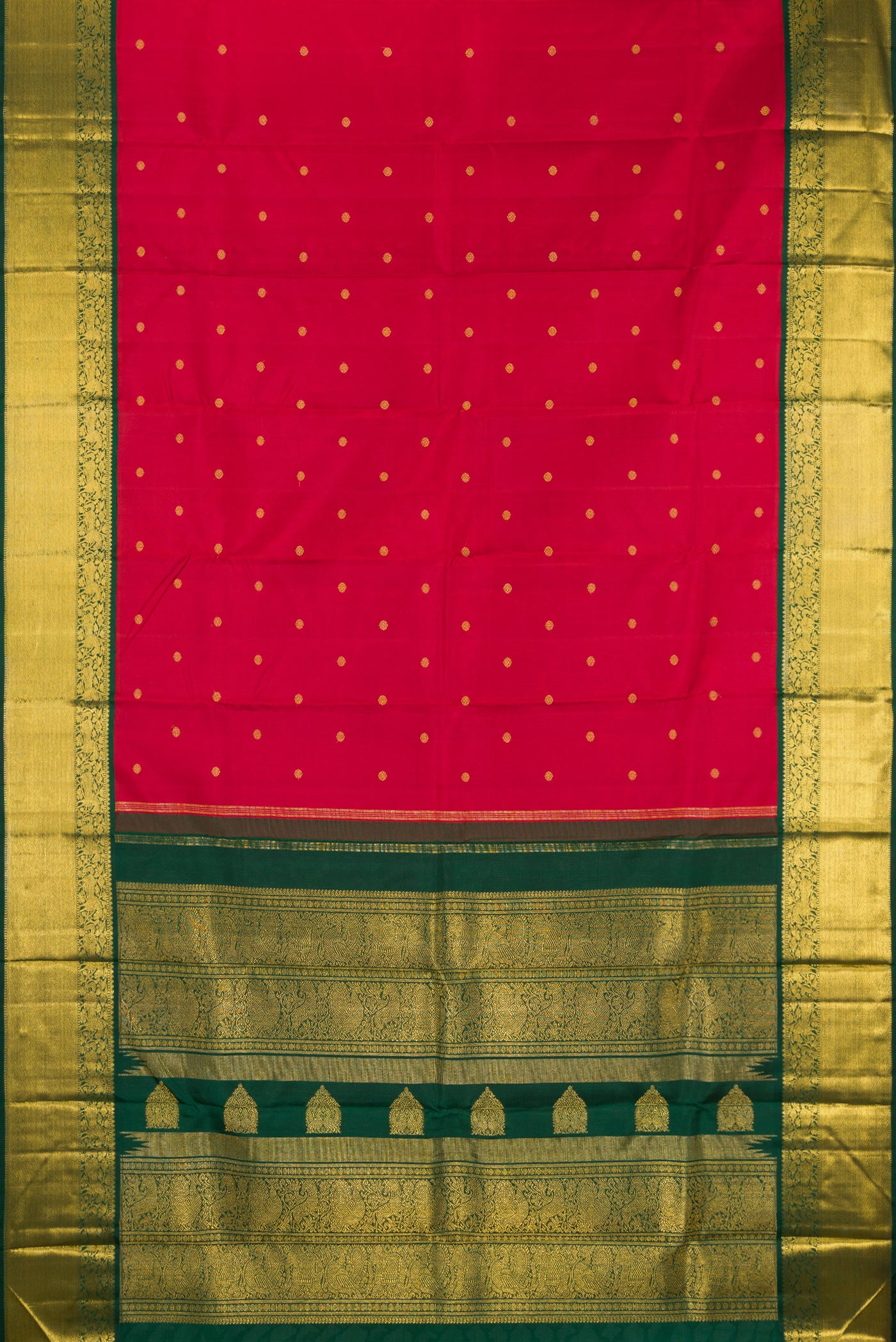 Flat view of Pure Silk Pure Zari Maroon Kanjivaram Saree with Zari Butta on the body and Zari Border. 