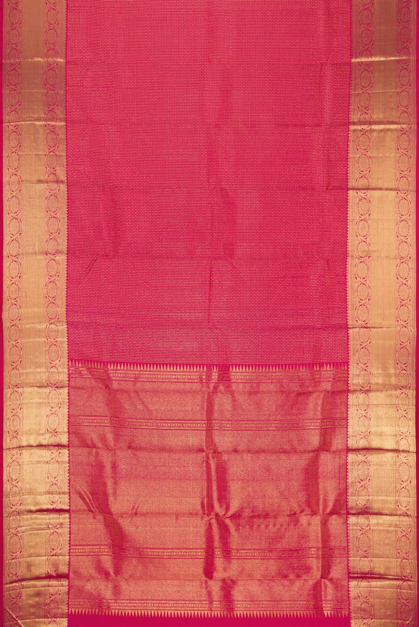 Flat view of Rani Pink Dual Tone Kanchipuram Silk Saree with Zari Brocade on the body and Zari Border. 