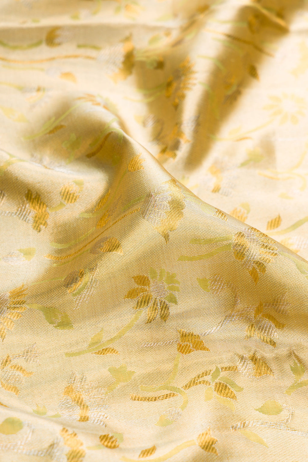 Close up of Pista Green Dual Tone Kanjivaram Tissue Silk Saree with Zari Brocade on the body and Zari Border.  displaying folds