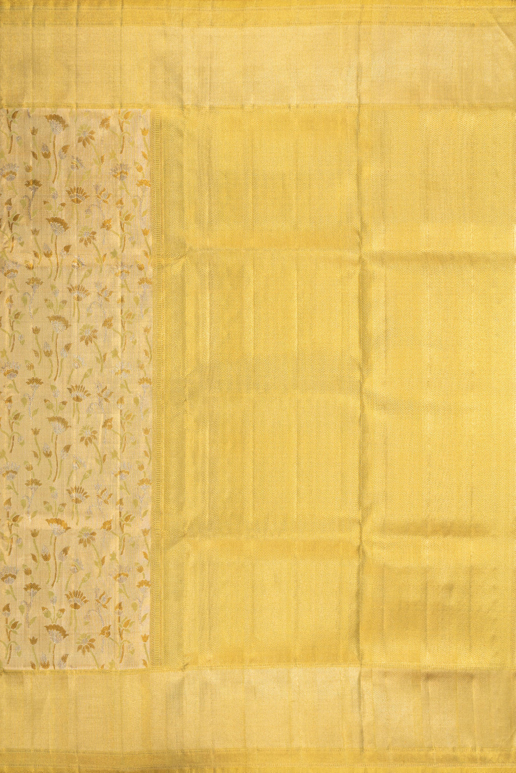 Close up image of the pallu of Pista Green Dual Tone Kanjivaram Tissue Silk Saree with Zari Brocade on the body and Zari Border. 