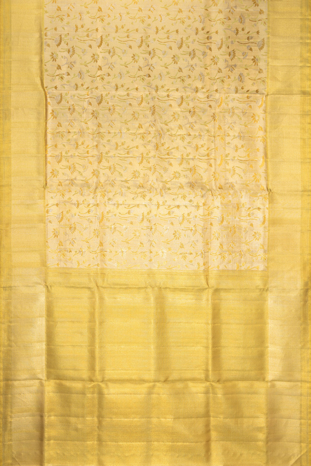 Flat view of Pista Green Dual Tone Kanjivaram Tissue Silk Saree with Zari Brocade on the body and Zari Border. 