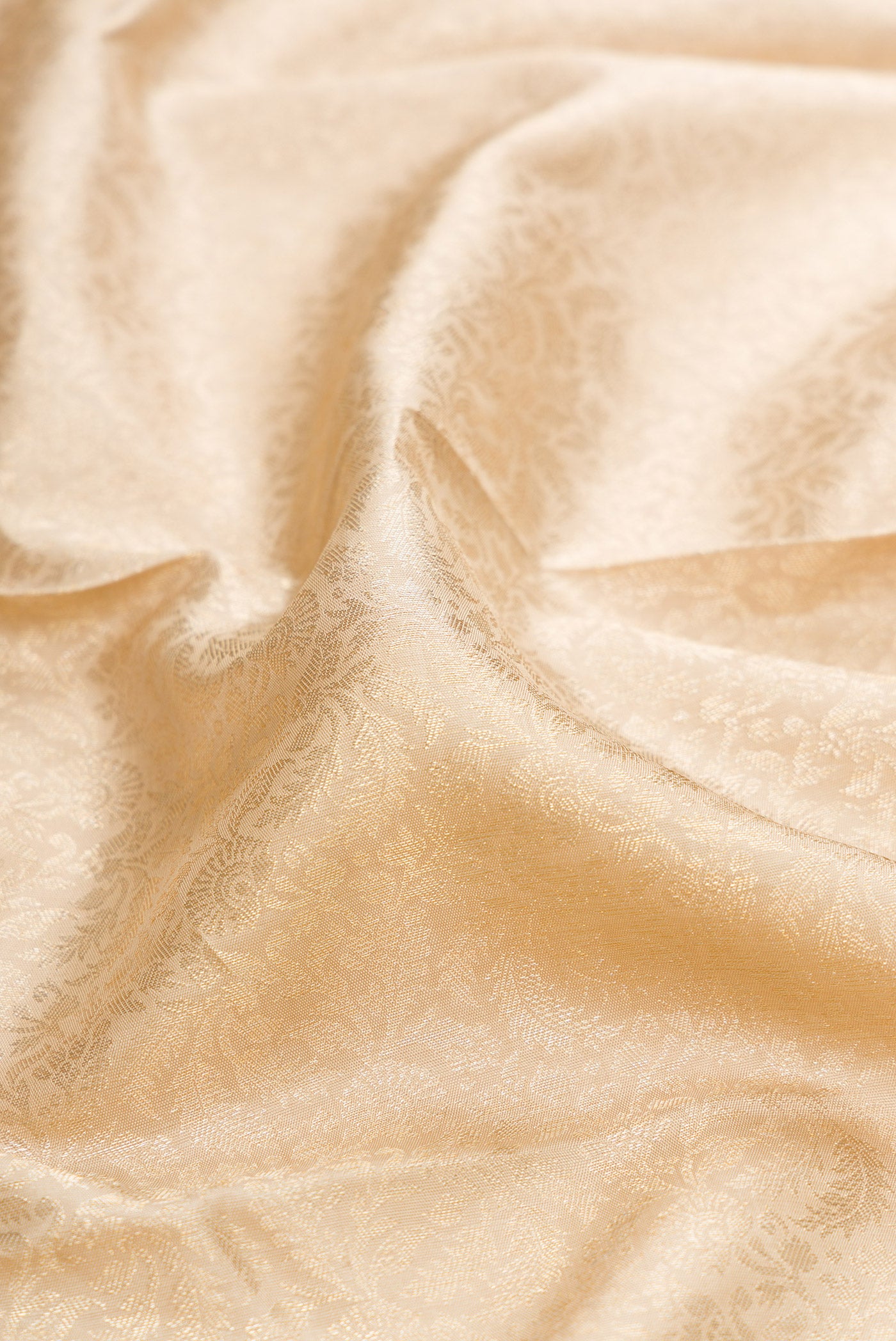 Close up of Beige Kanchipuram Silk Saree with Zari Brocade on the body and Zari Border.  displaying folds