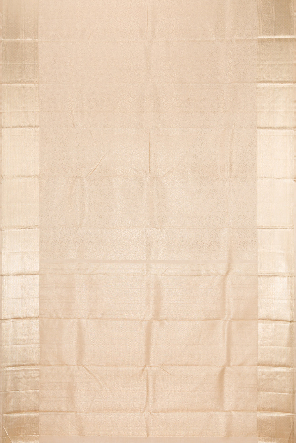 Flat view of Beige Kanchipuram Silk Saree with Zari Brocade on the body and Zari Border. 
