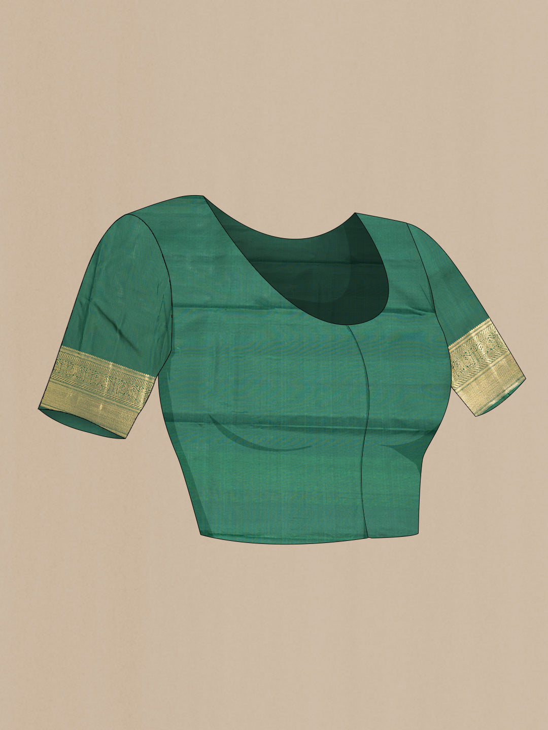 Close up image of the blouse of Pure Silk Pure Zari Bottle Green Dual Tone Kanchipuram Saree with Zari Butta on the body and Zari Border