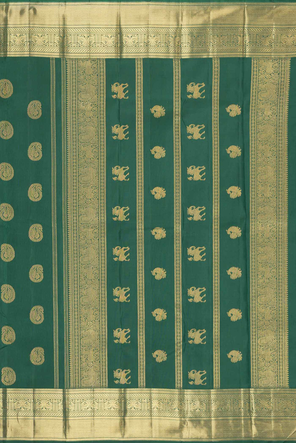 Close up image of the pallu of Pure Silk Pure Zari Bottle Green Dual Tone Kanchipuram Saree with Zari Butta on the body and Zari Border