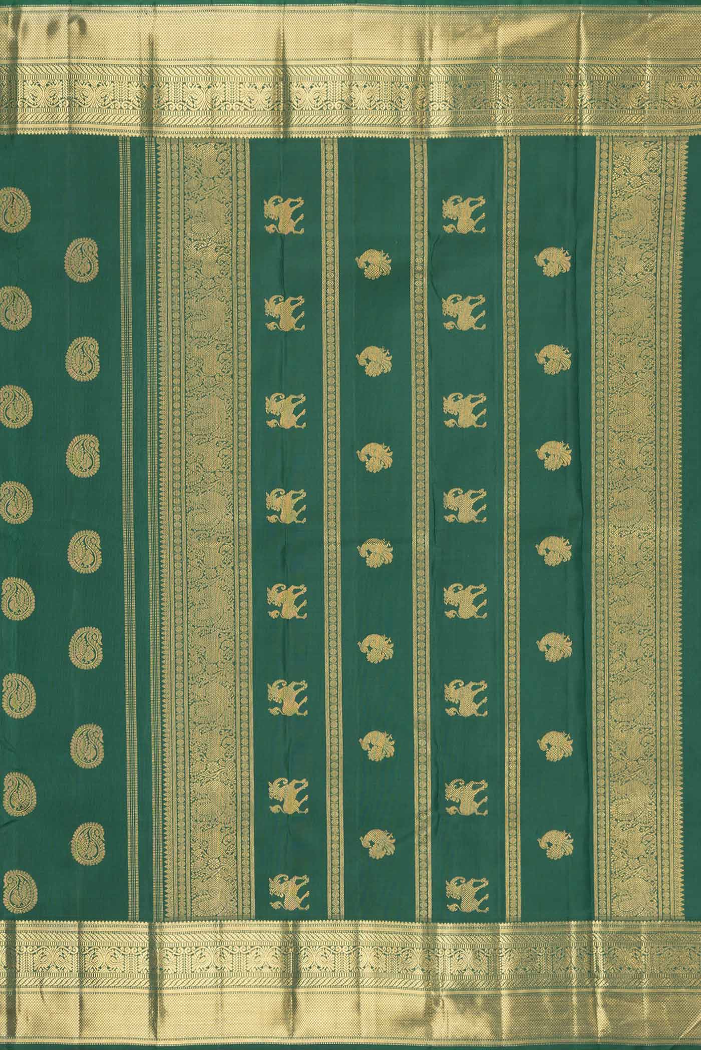Close up image of the pallu of Pure Silk Pure Zari Bottle Green Dual Tone Kanchipuram Saree with Zari Butta on the body and Zari Border