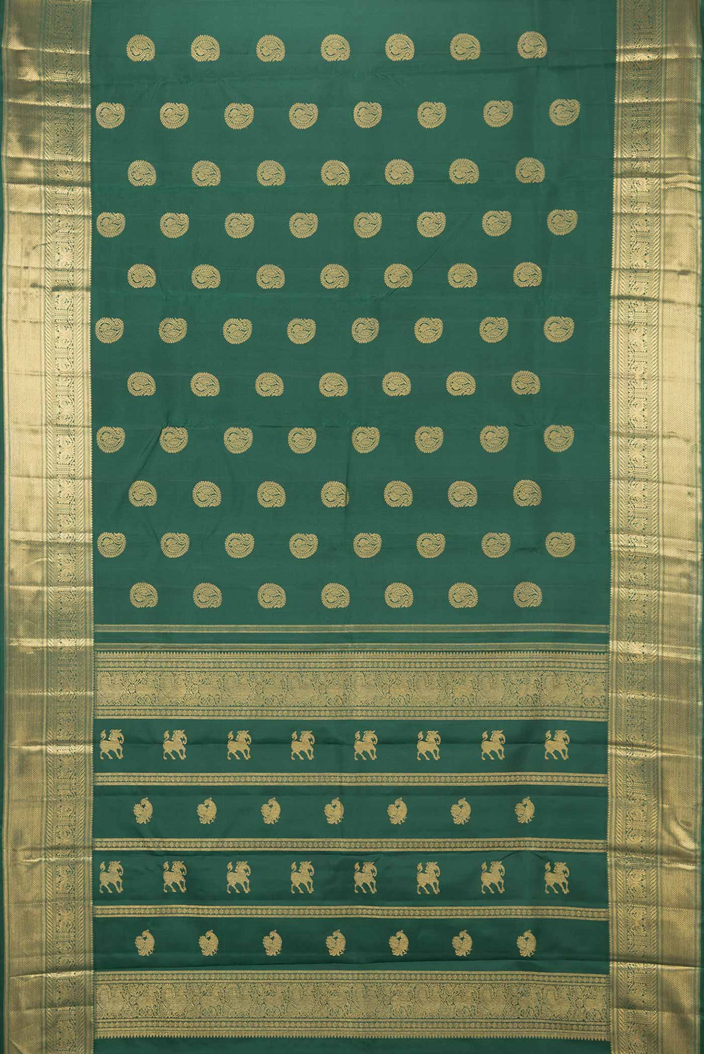 Flat view of Pure Silk Pure Zari Bottle Green Dual Tone Kanchipuram Saree with Zari Butta on the body and Zari Border