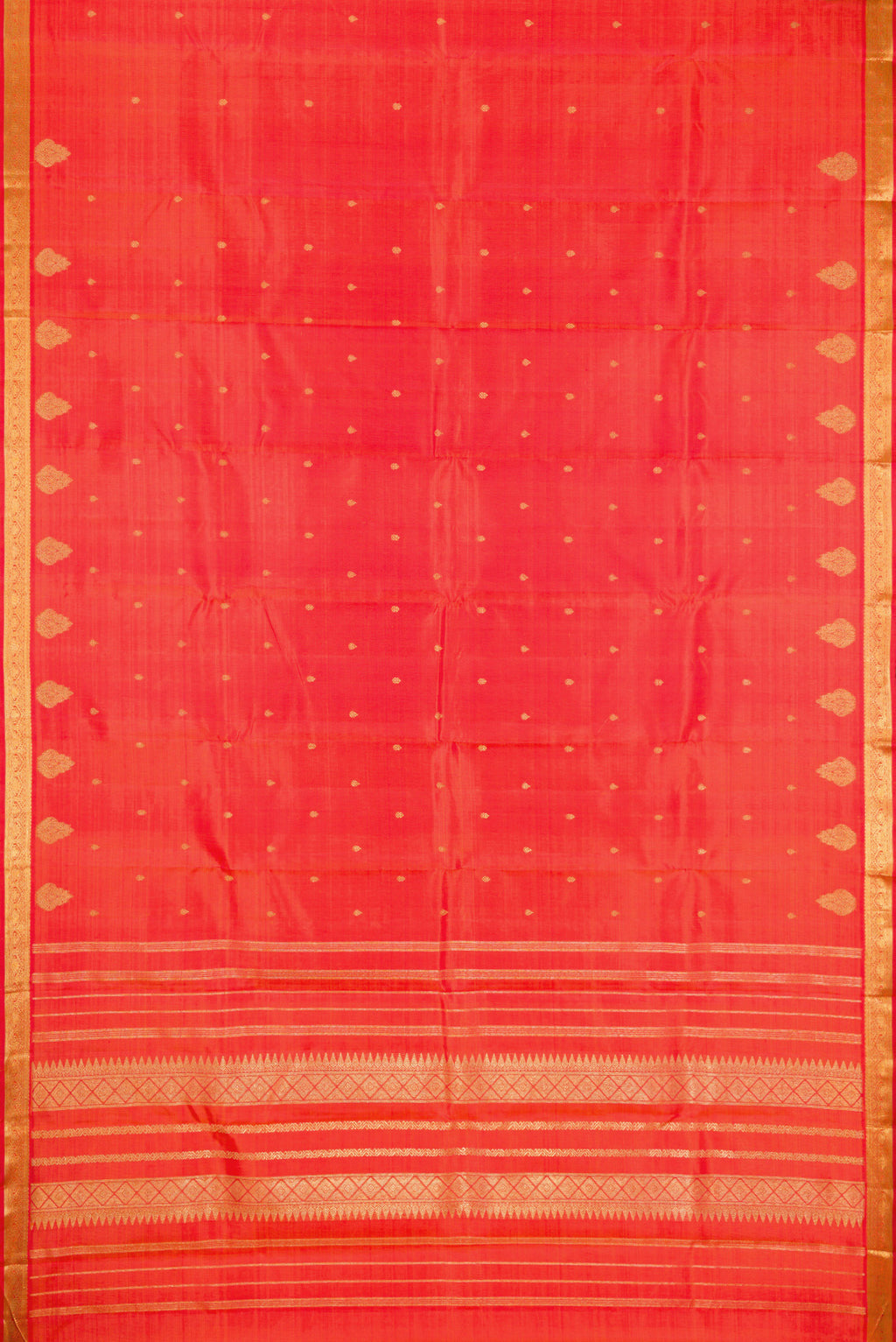 Flat view of Orange Dual Tone Kanchipuram Silk Saree with Zari Butta on the body and Fancy Border. 