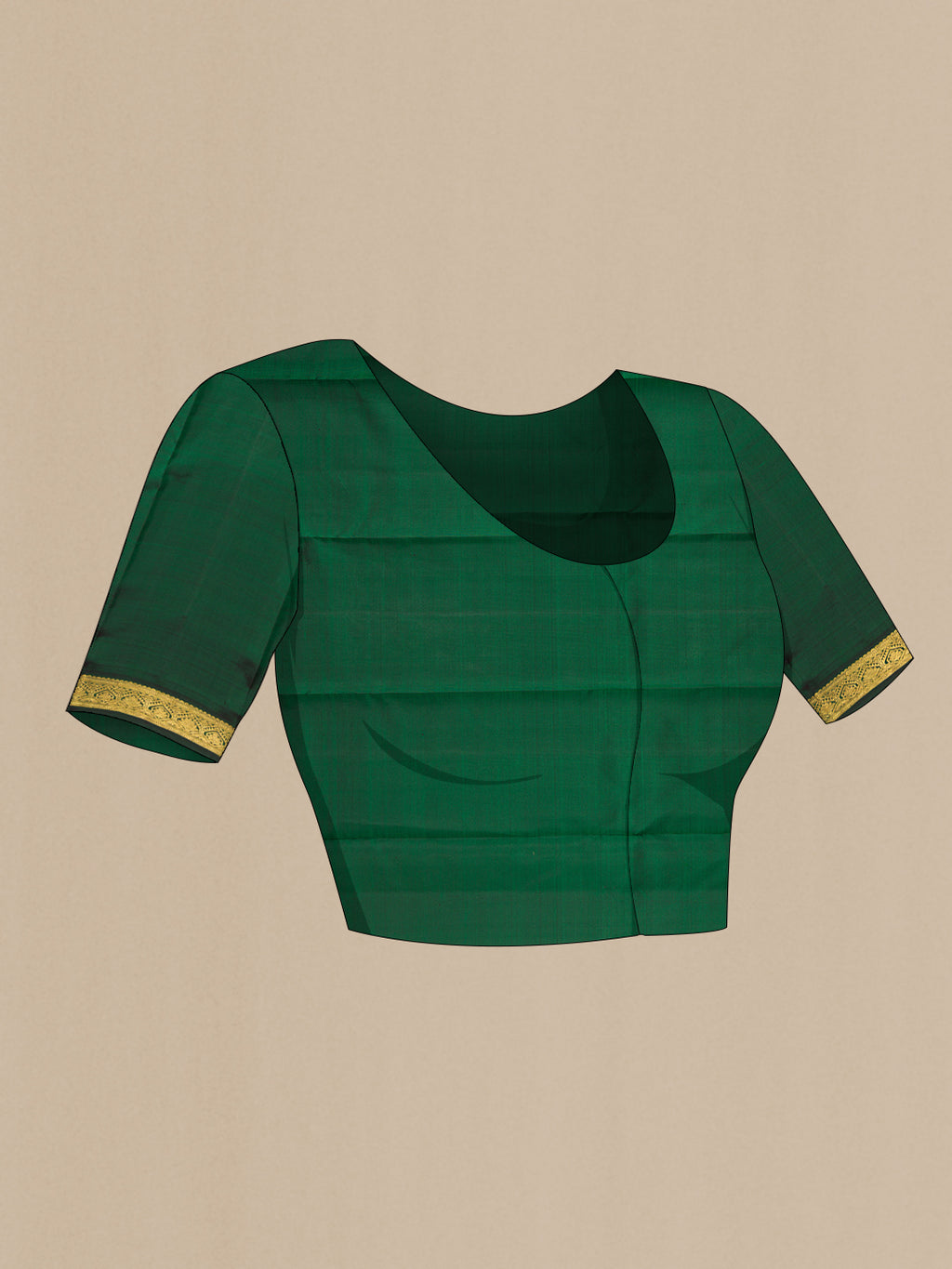 Close up image of the blouse of Pure Silk Pure Zari Bottle Green Kanchipuram Saree with Zari Butta on the body and Fancy Border. 