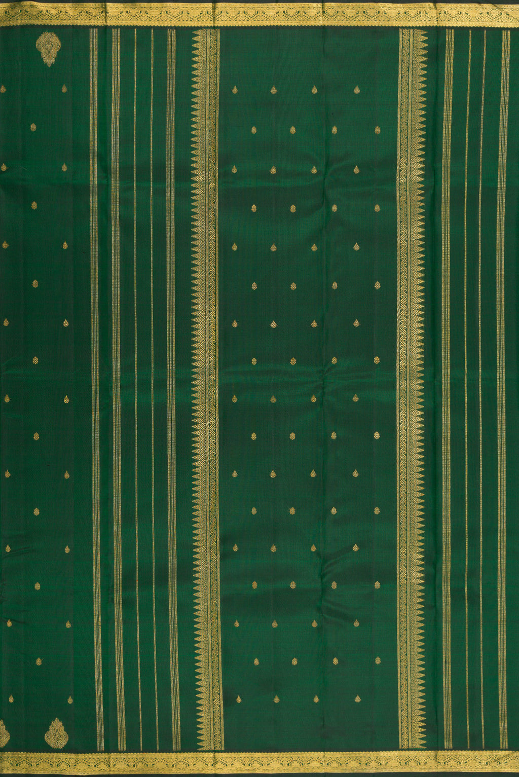 Close up image of the pallu of Pure Silk Pure Zari Bottle Green Kanchipuram Saree with Zari Butta on the body and Fancy Border. 