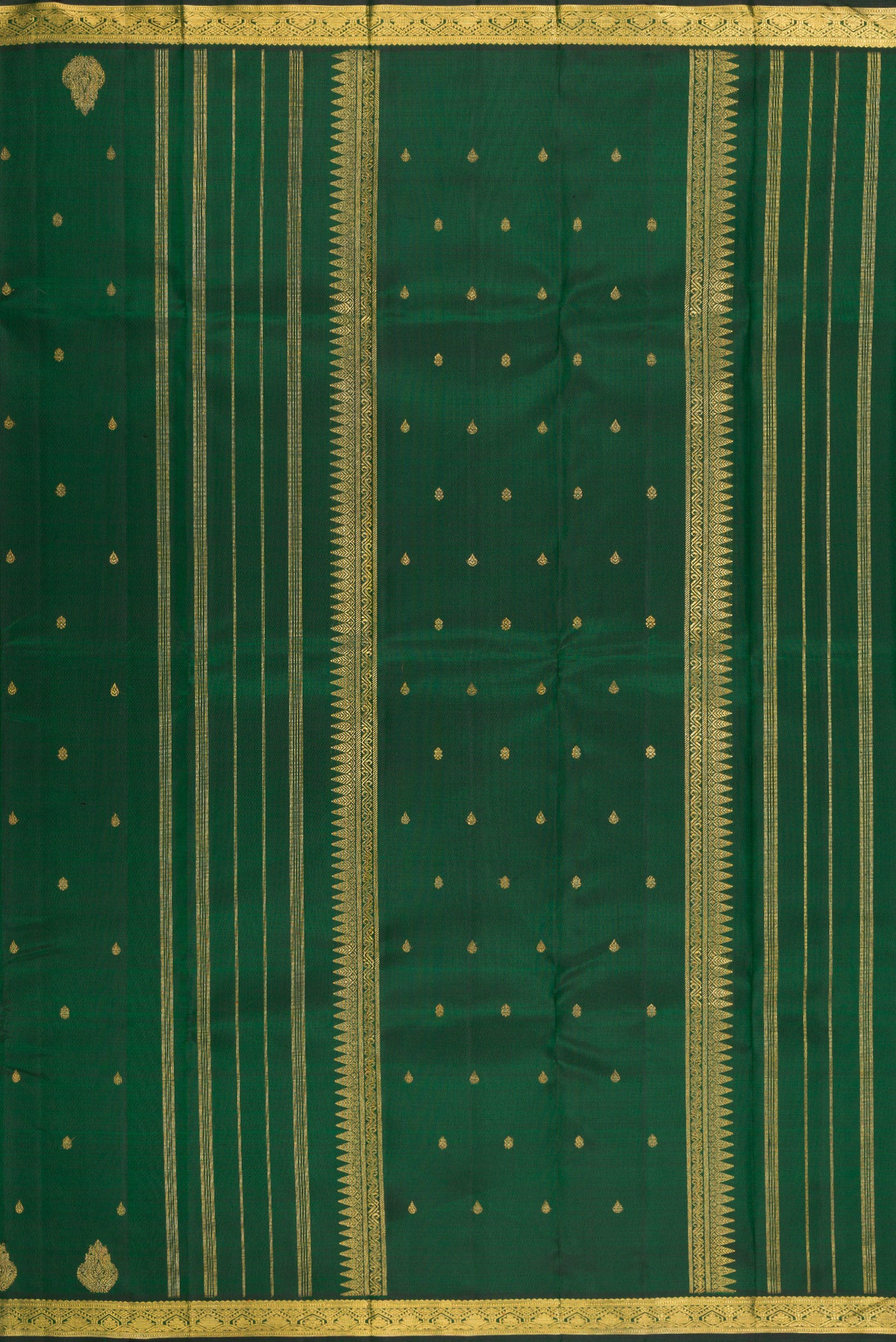 Close up image of the pallu of Pure Silk Pure Zari Bottle Green Kanchipuram Saree with Zari Butta on the body and Fancy Border. 