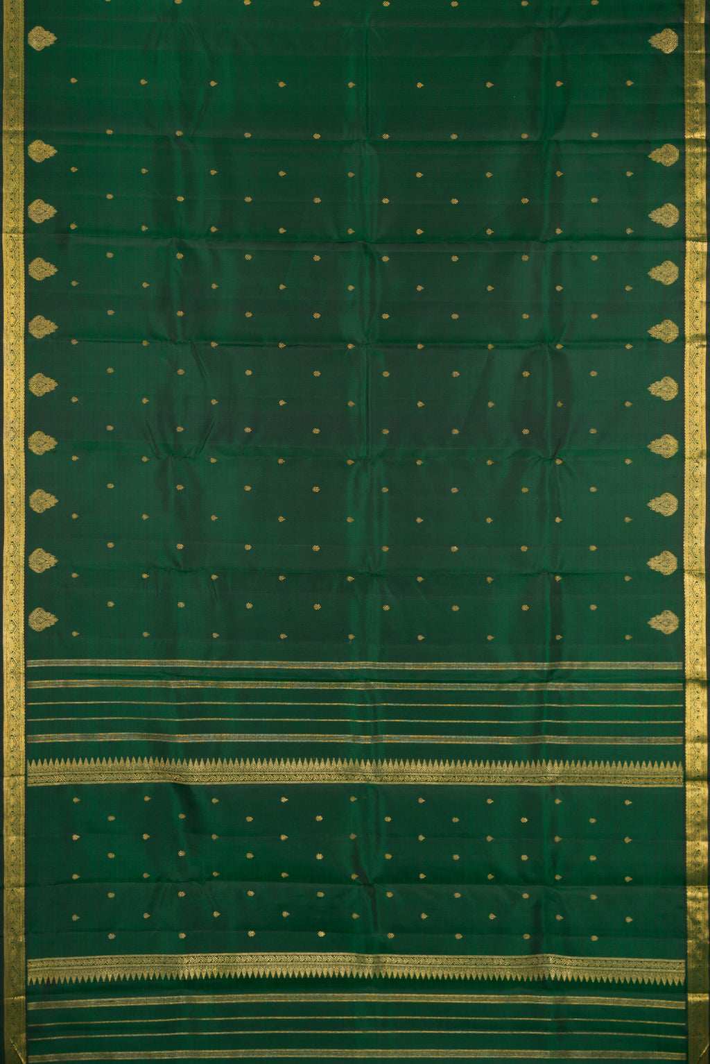 Flat view of Pure Silk Pure Zari Bottle Green Kanchipuram Saree with Zari Butta on the body and Fancy Border. 