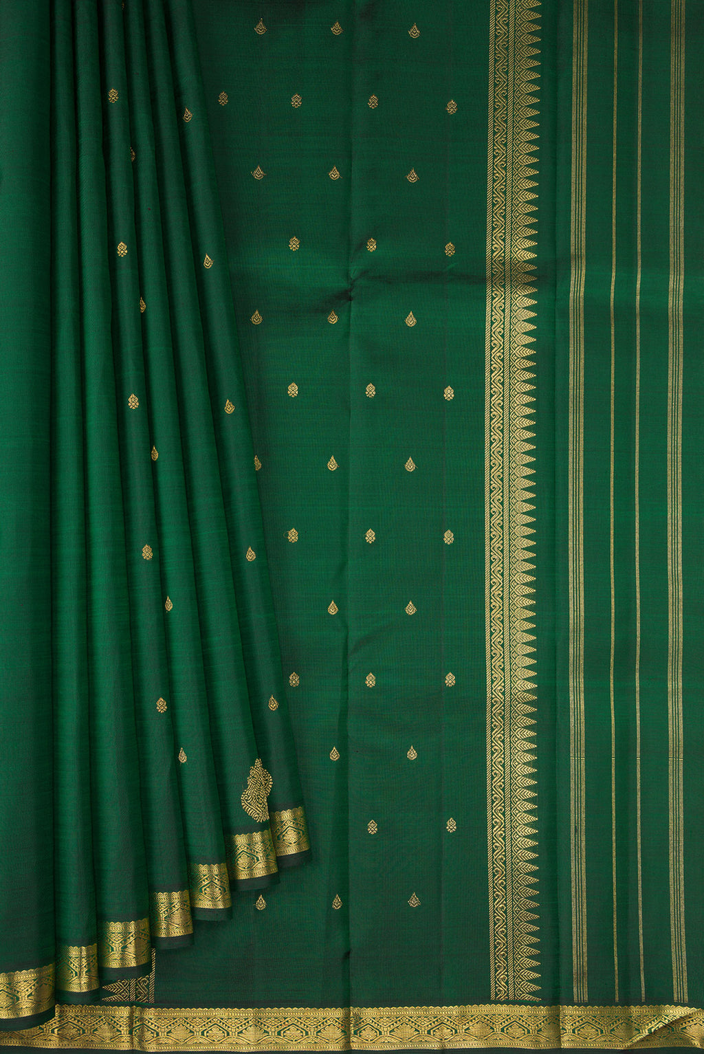 Pleats and pallu of Pure Silk Pure Zari Bottle Green Kanchipuram Saree with Zari Butta on the body and Fancy Border. 