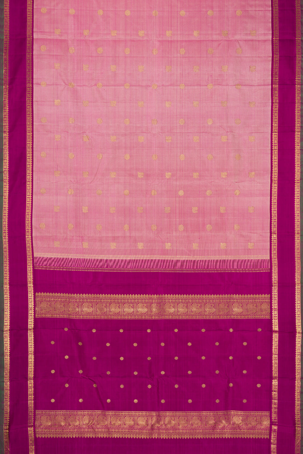 Flat view of Pink Dual Tone Kanchipuram Silk Saree with Zari Butta on the body and Zari Border. 