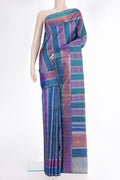 Pure Silk Pure Zari Peacock Blue Dual Tone Kanchipuram Saree with Jacquard design on the body and Zari And Thread Border.  displayed on a mannequin
