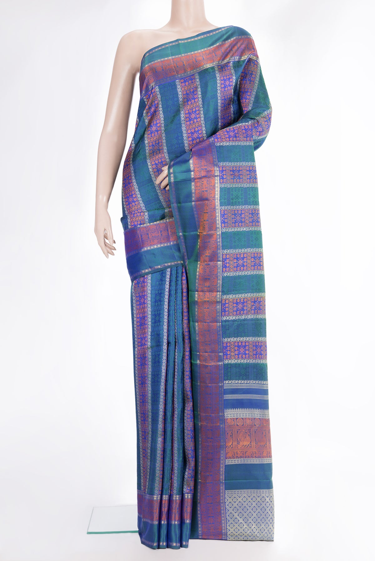 Pure Silk Pure Zari Peacock Blue Dual Tone Kanchipuram Saree with Jacquard design on the body and Zari And Thread Border.  displayed on a mannequin