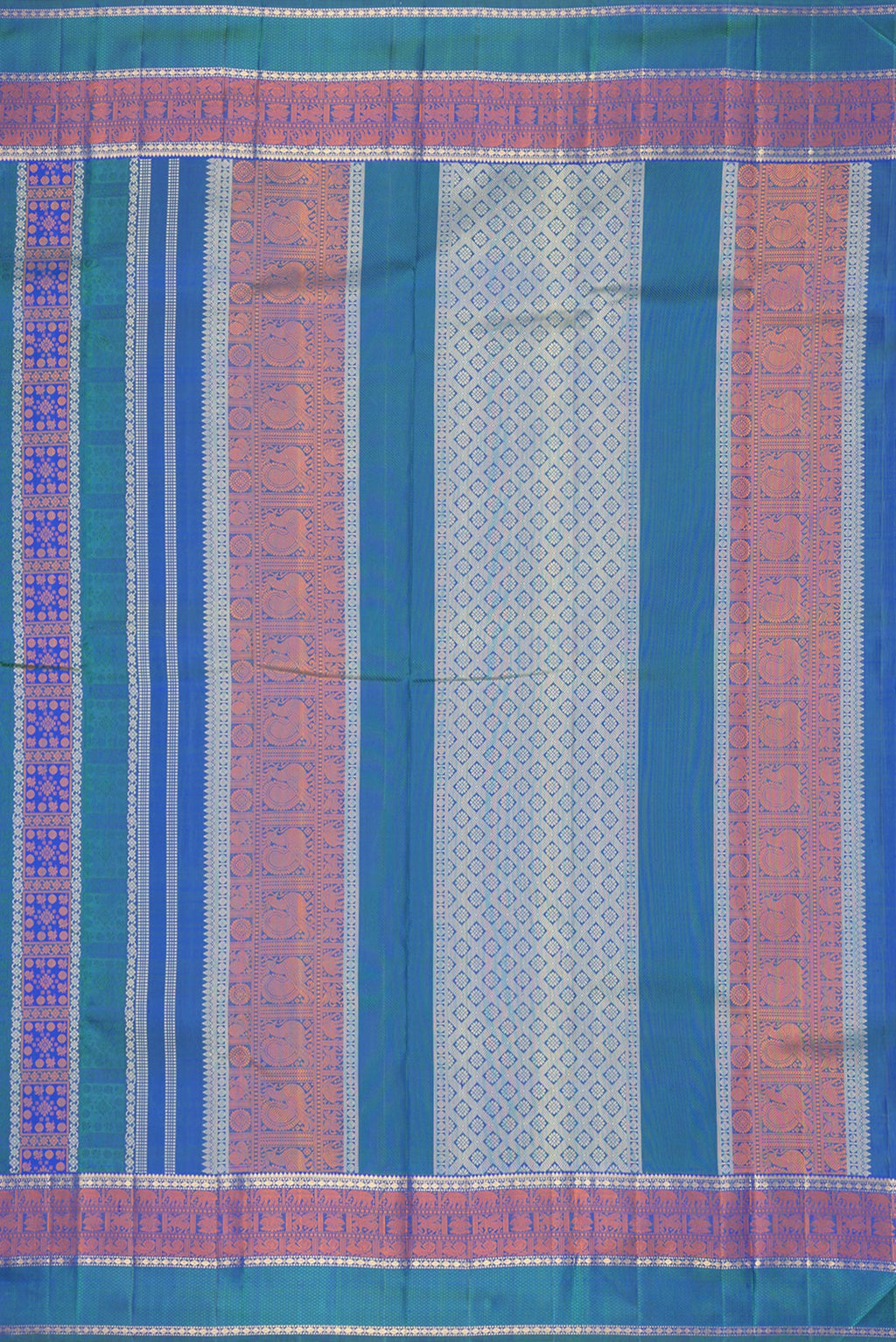 Close up image of the pallu of Pure Silk Pure Zari Peacock Blue Dual Tone Kanchipuram Saree with Jacquard design on the body and Zari And Thread Border. 