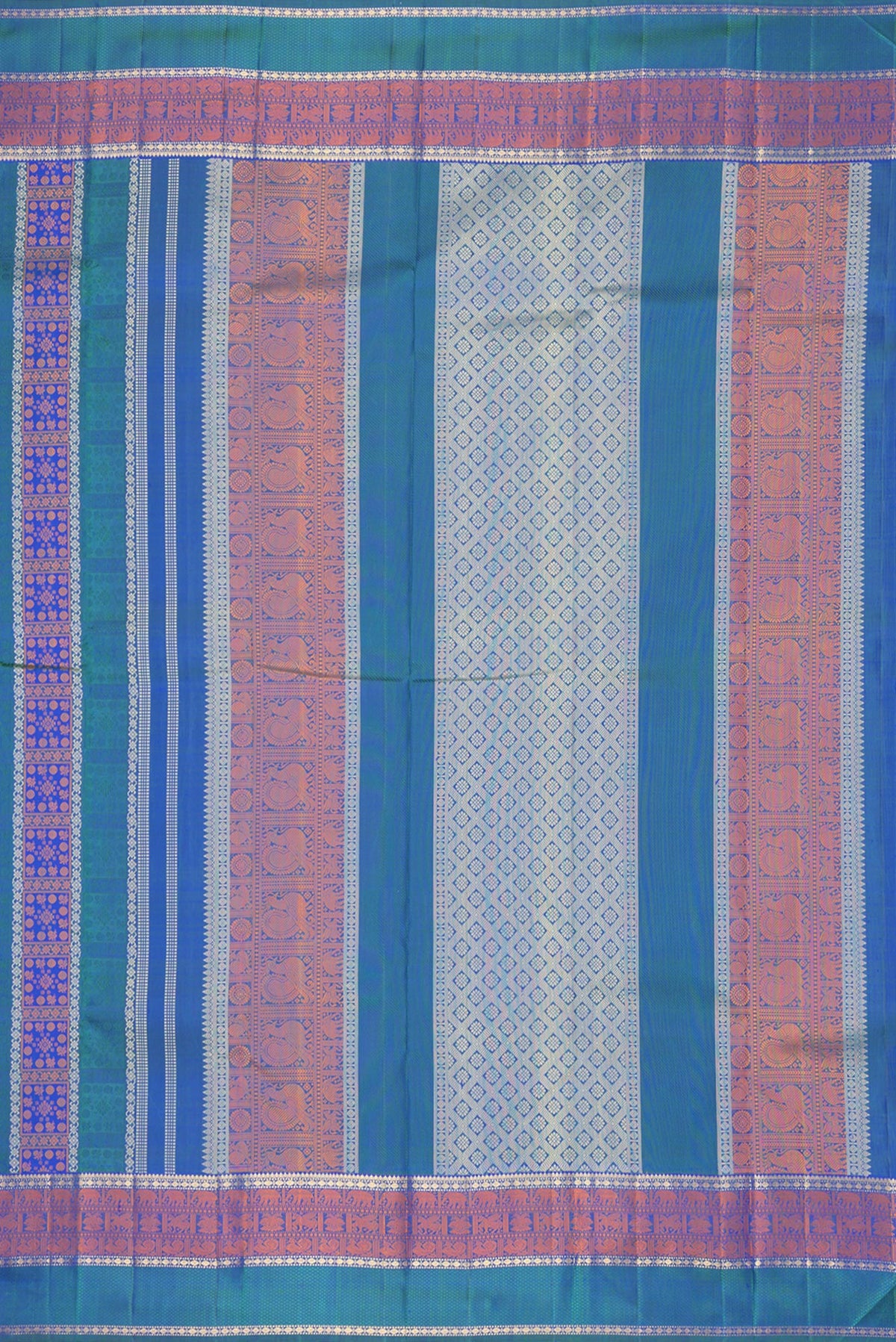 Close up image of the pallu of Pure Silk Pure Zari Peacock Blue Dual Tone Kanchipuram Saree with Jacquard design on the body and Zari And Thread Border. 