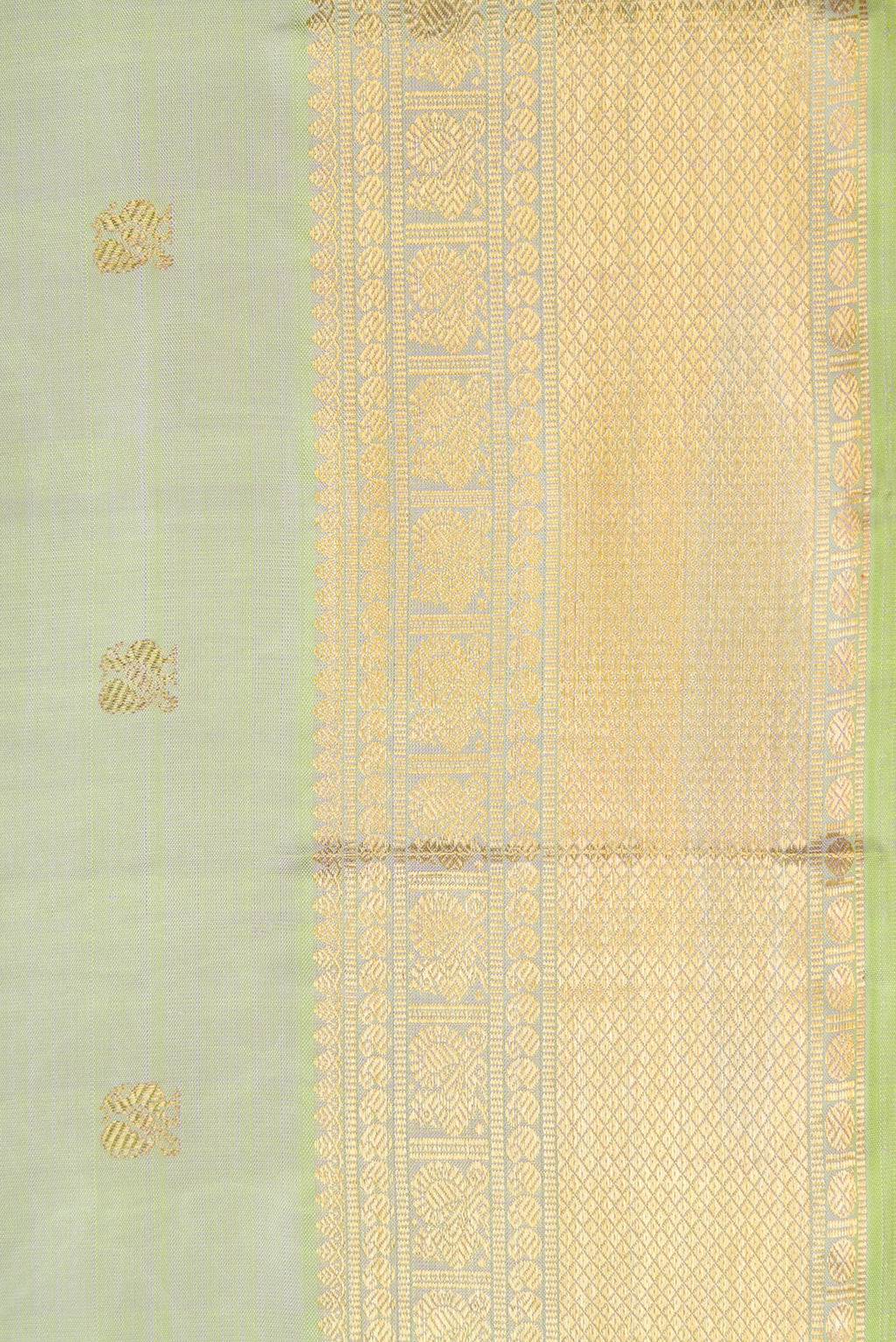 Border image of Pure Silk Pure Zari Pista Green Dual Tone Kanjivaram Saree with Zari Butta on the body and Zari Border. 