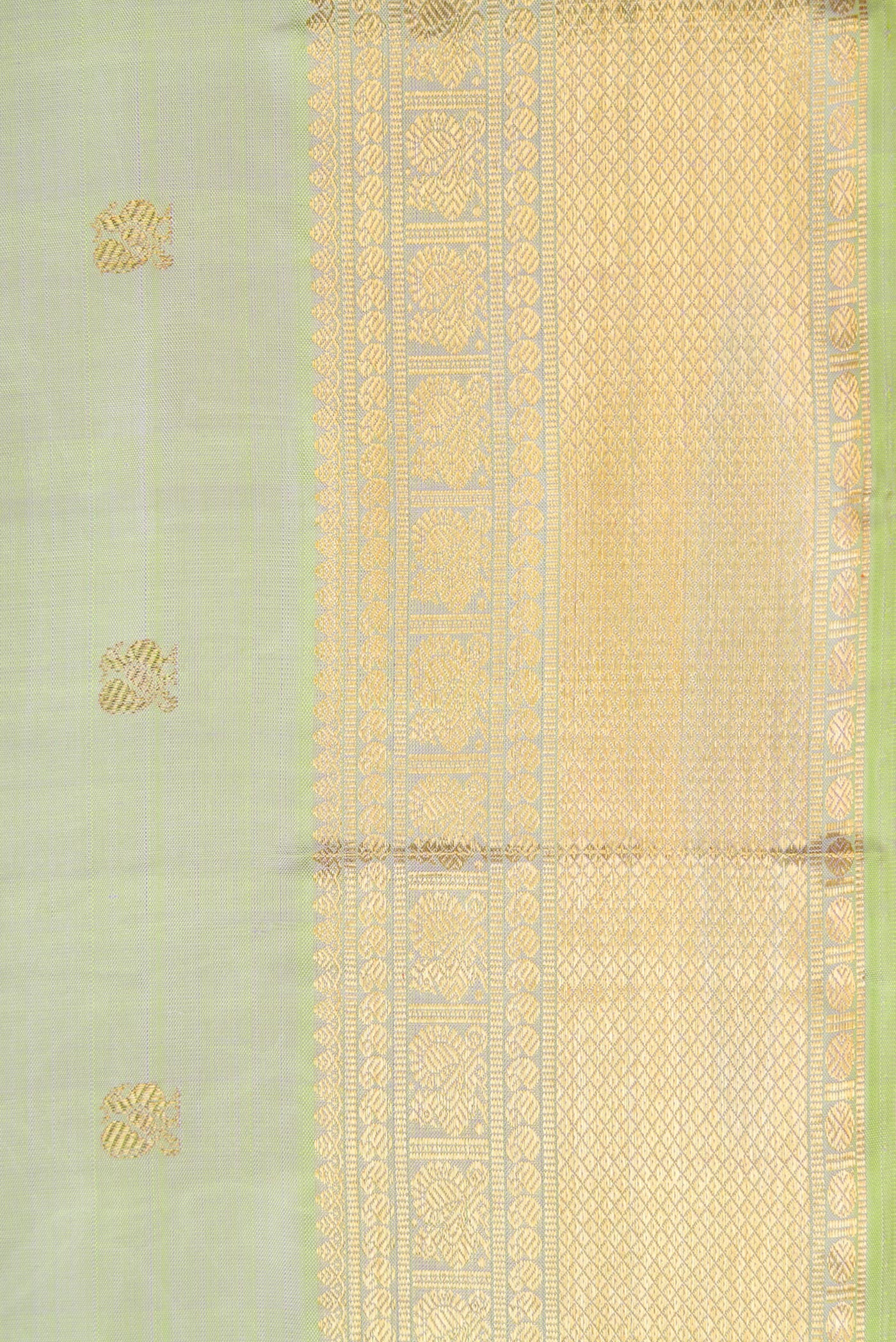 Border image of Pure Silk Pure Zari Pista Green Dual Tone Kanjivaram Saree with Zari Butta on the body and Zari Border. 
