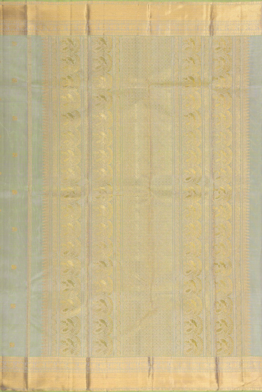 Close up image of the pallu of Pure Silk Pure Zari Pista Green Dual Tone Kanjivaram Saree with Zari Butta on the body and Zari Border. 
