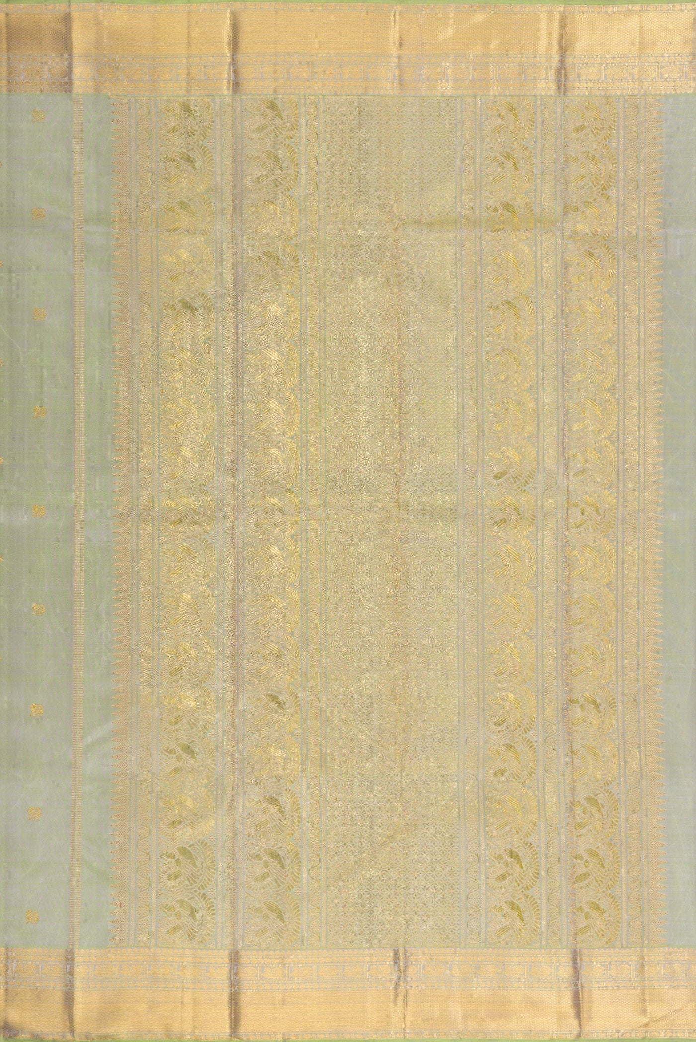 Close up image of the pallu of Pure Silk Pure Zari Pista Green Dual Tone Kanjivaram Saree with Zari Butta on the body and Zari Border. 