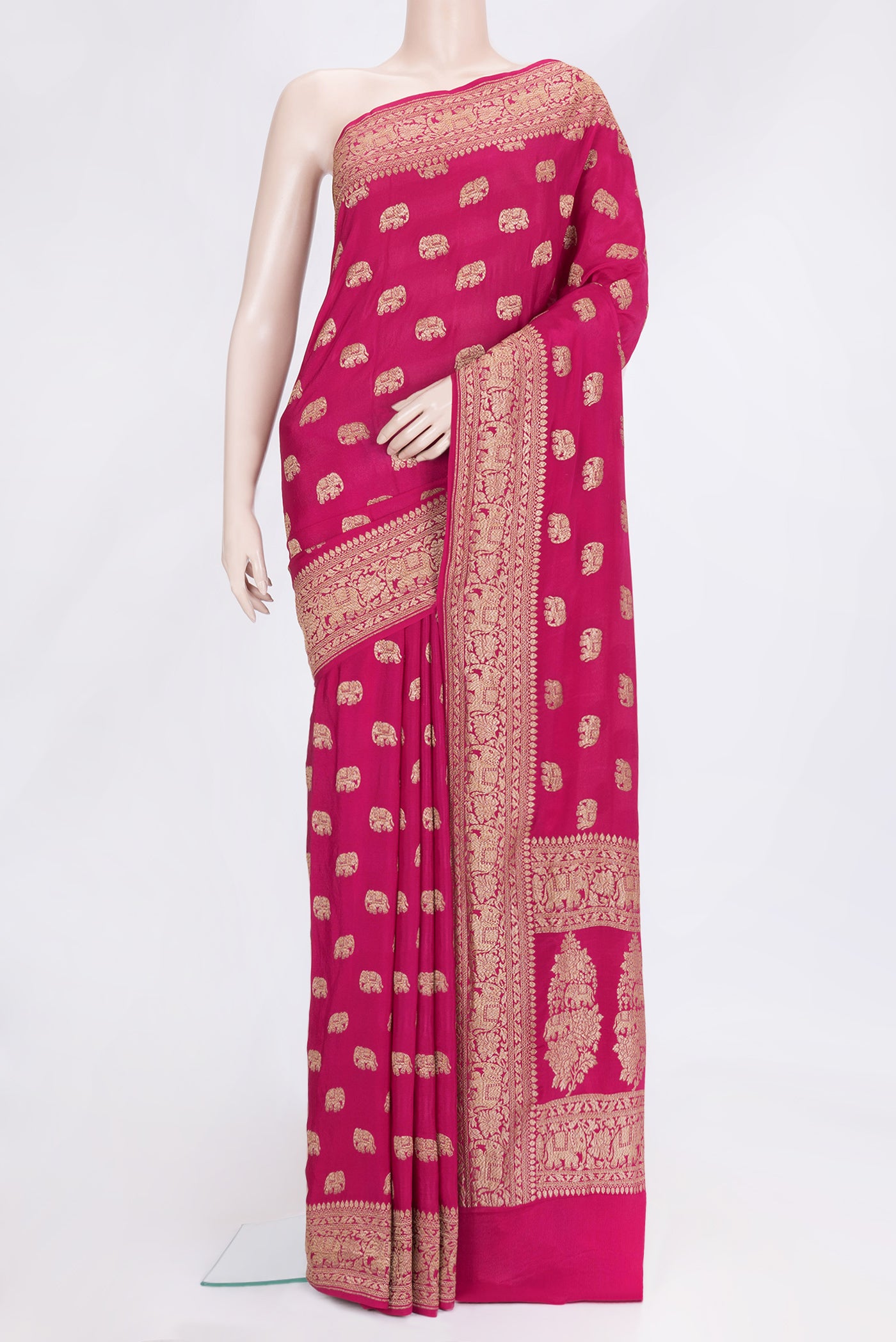 Pink Dual Tone Banarasi Georgette Saree with Zari Butta on the body and Zari Border.  displayed on a mannequin