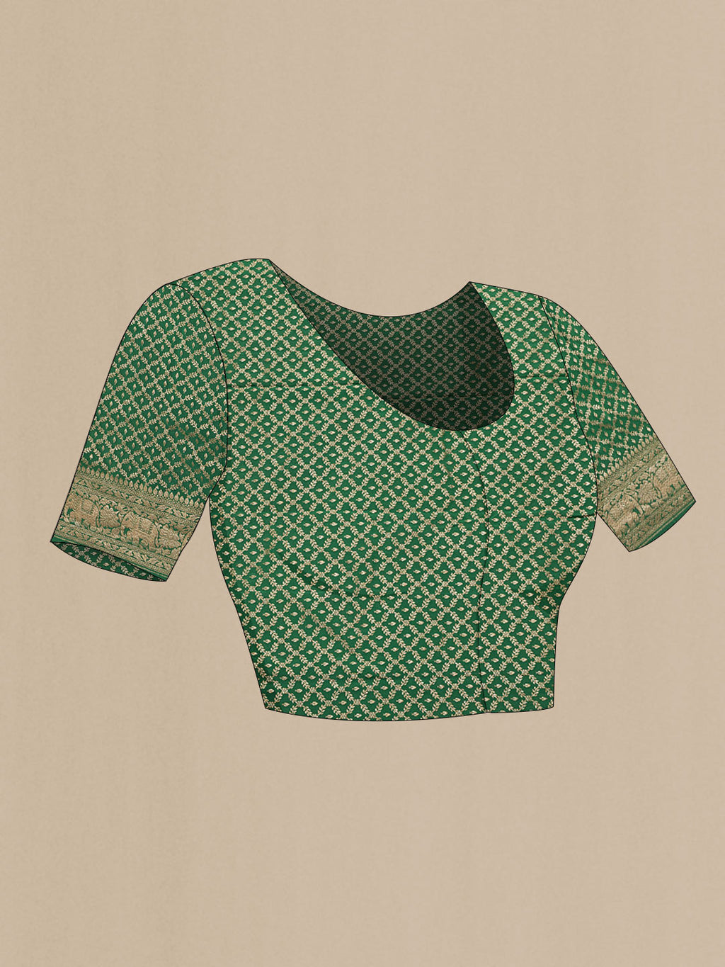 Close up image of the blouse of Green Dual Tone Banarasi Georgette Saree with Zari Butta on the body and Zari Border. 