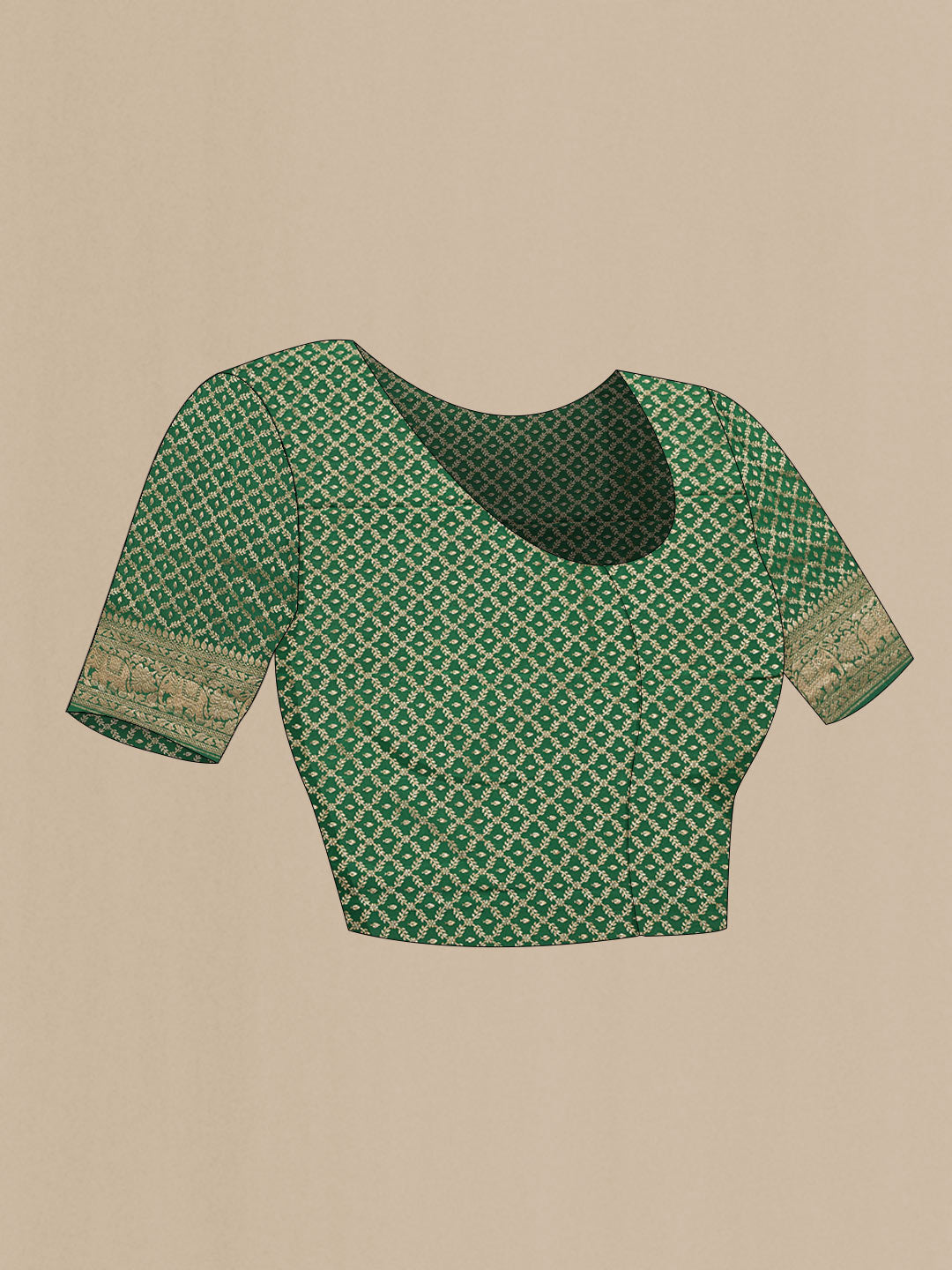 Close up image of the blouse of Green Dual Tone Banarasi Georgette Saree with Zari Butta on the body and Zari Border. 