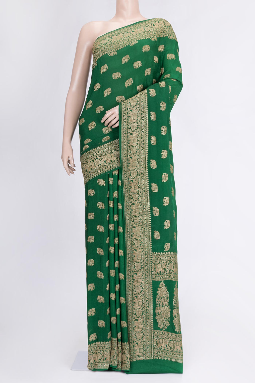 Green Dual Tone Banarasi Georgette Saree with Zari Butta on the body and Zari Border.  displayed on a mannequin