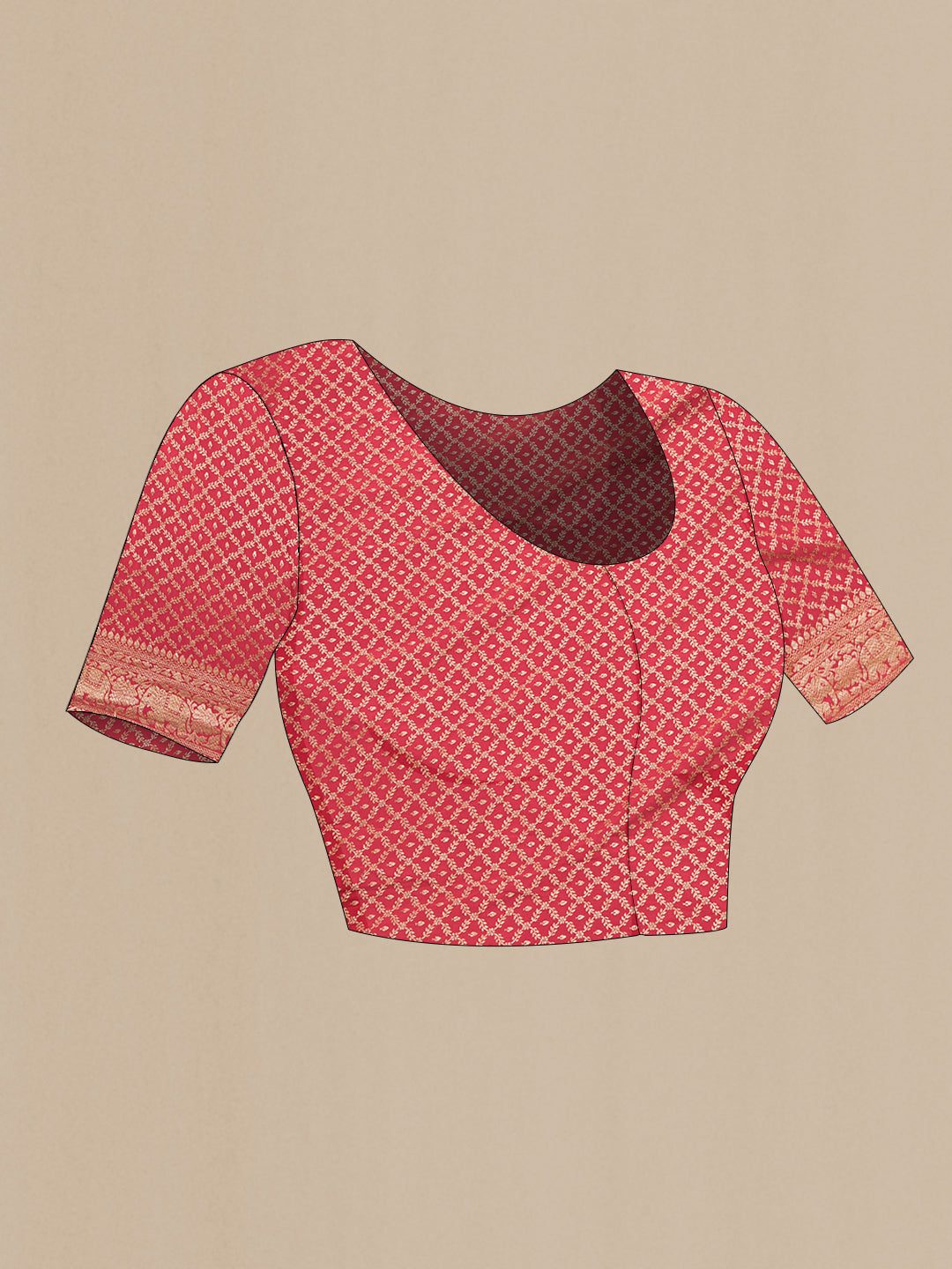 Close up image of the blouse of Red Dual Tone Banarasi Georgette Saree with Zari Butta on the body and Zari Border. 