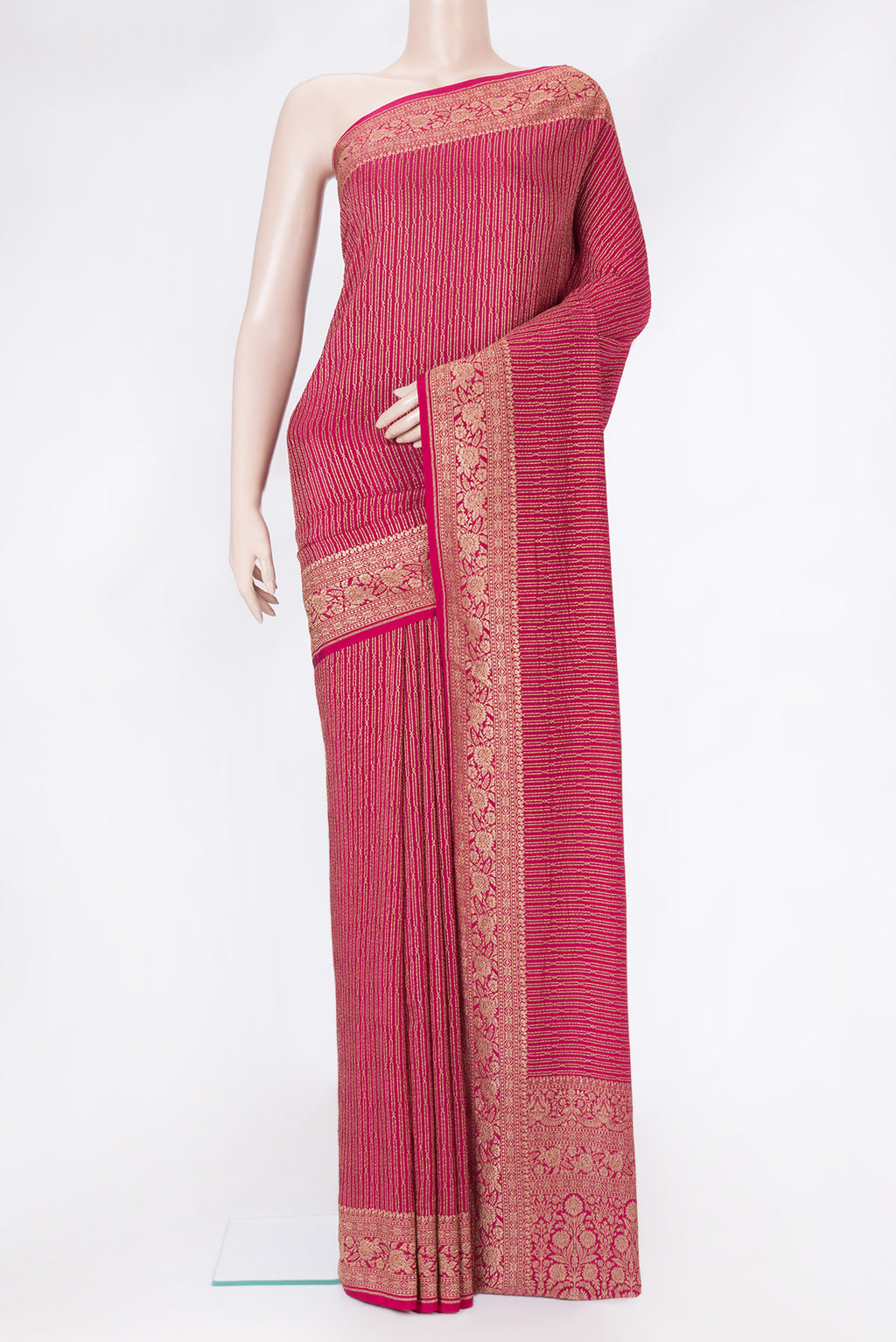 Dark Pink Dual Tone Banarasi Georgette Saree with Zari Brocade on the body and Zari Border.  displayed on a mannequin
