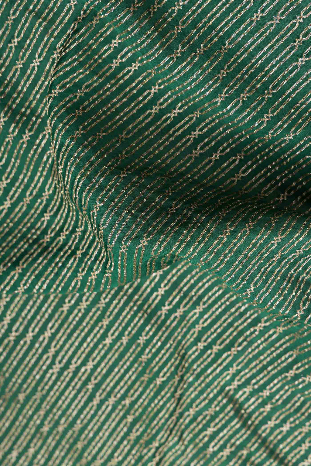 Close up of Green Dual Tone Banarasi Georgette Saree with Zari Brocade on the body and Zari Border.  displaying folds