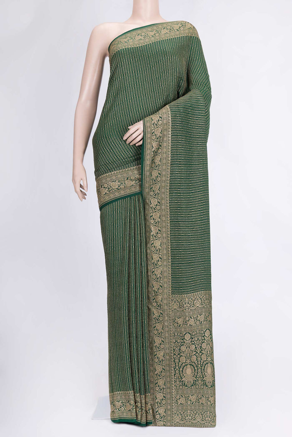 Green Dual Tone Banarasi Georgette Saree with Zari Brocade on the body and Zari Border.  displayed on a mannequin
