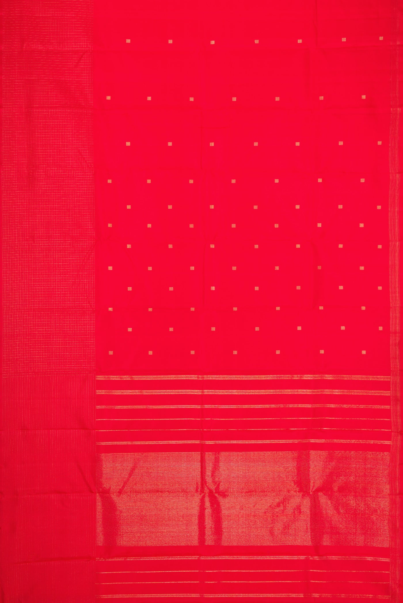 Flat view of Red Dual Tone Kanjivaram Silk Saree with Zari Butta on the body and Checks Border. 