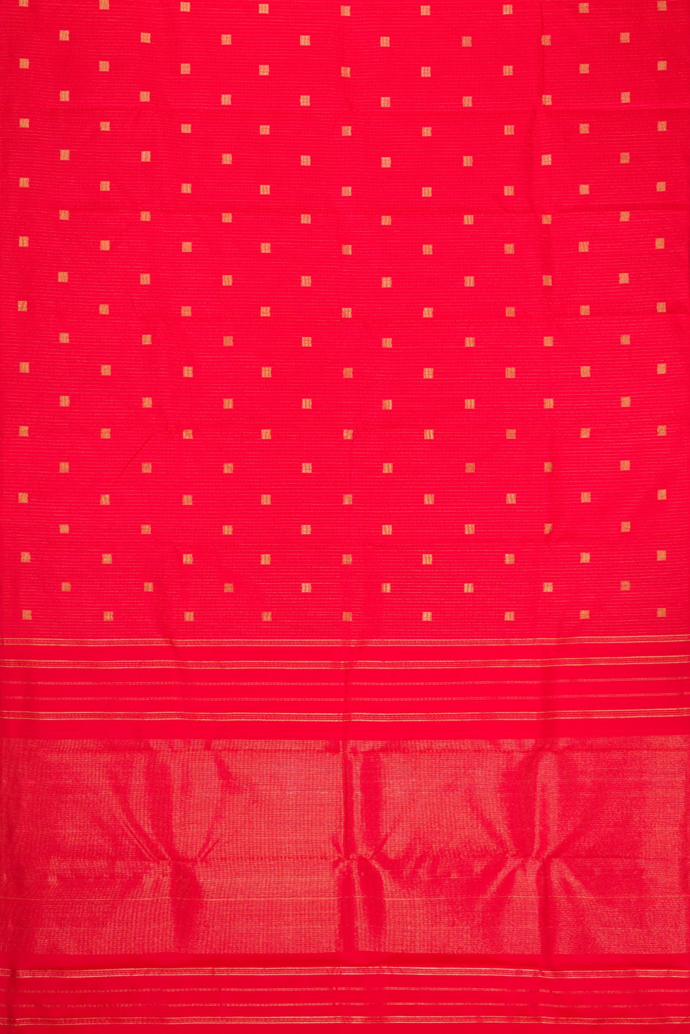 Flat view of Pure Silk Pure Zari Red Dual Tone Kanchipuram Saree with Zari Butta on the body and Without Border. 