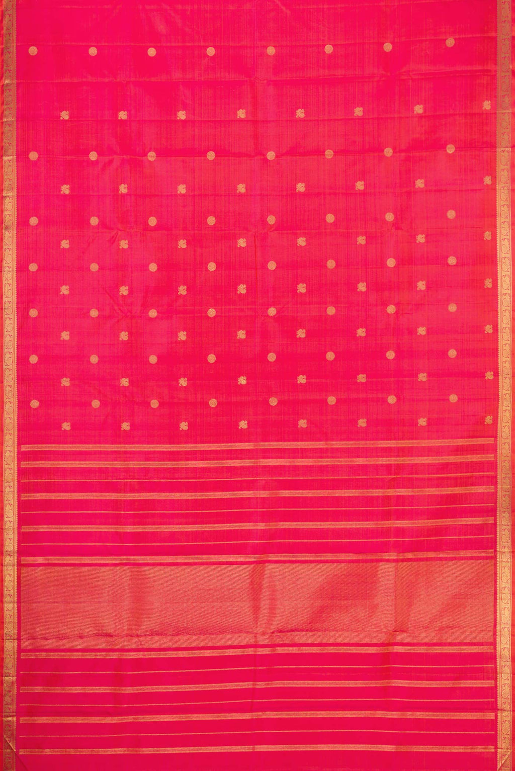Flat view of Coral Dual Tone Kanchipuram Silk Saree with Zari Butta on the body and Zari Border. 