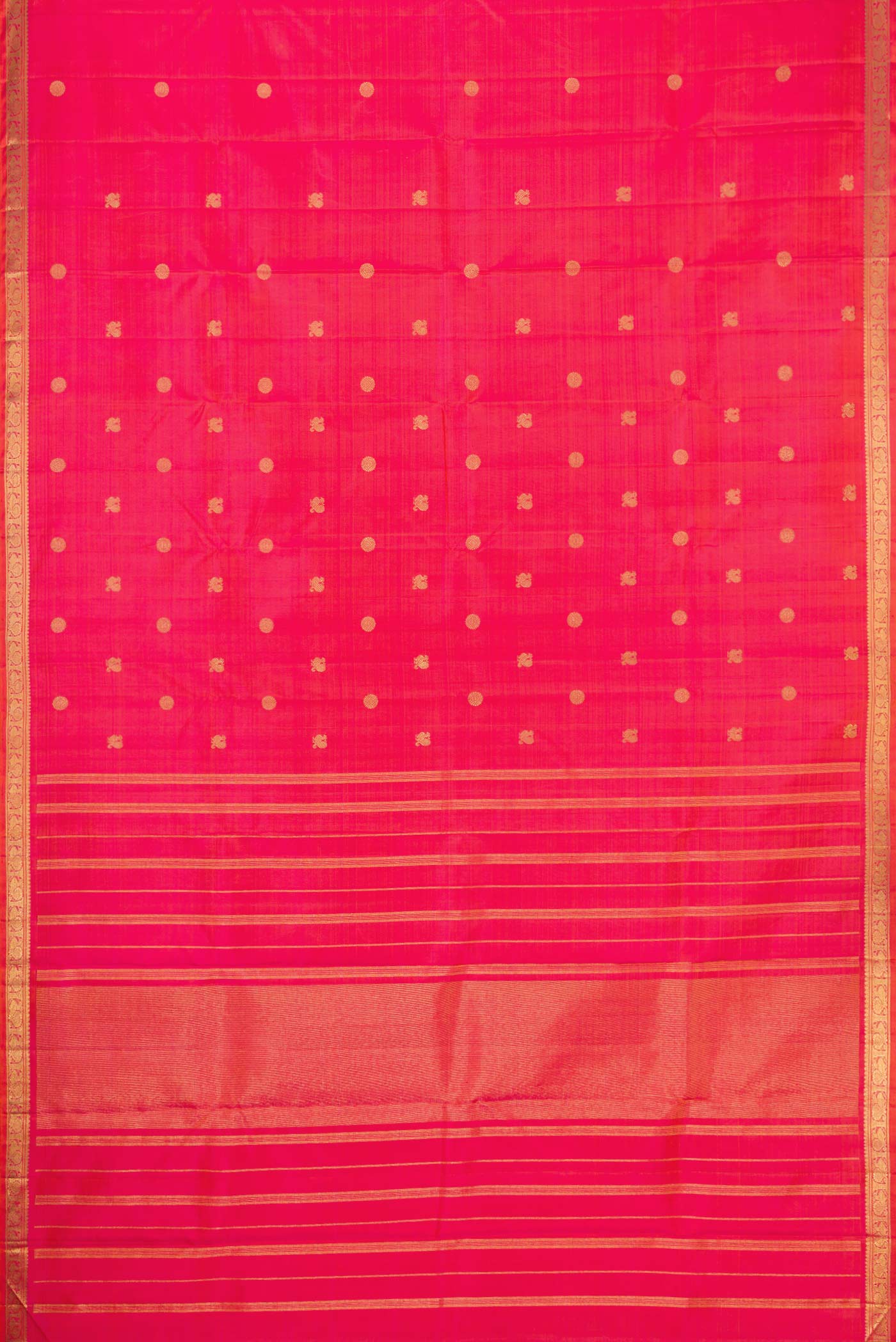 Flat view of Coral Dual Tone Kanchipuram Silk Saree with Zari Butta on the body and Zari Border. 