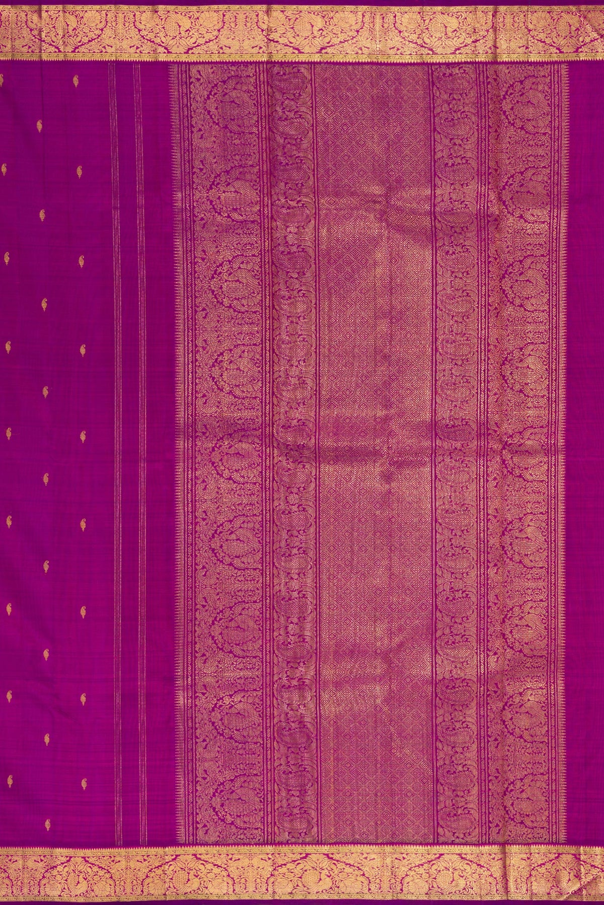 Close up image of the pallu of Pure Silk Pure Zari Purple Kanchipuram Saree with Zari Butta on the body and Zari Border. 