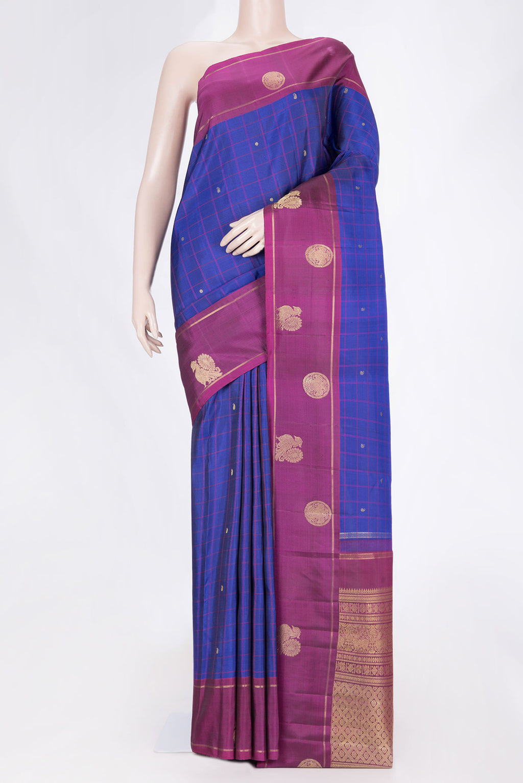 Royal Blue Dual Tone Kanchipuram Silk Saree with Checked design on the body and Zari Border displayed on a mannequin