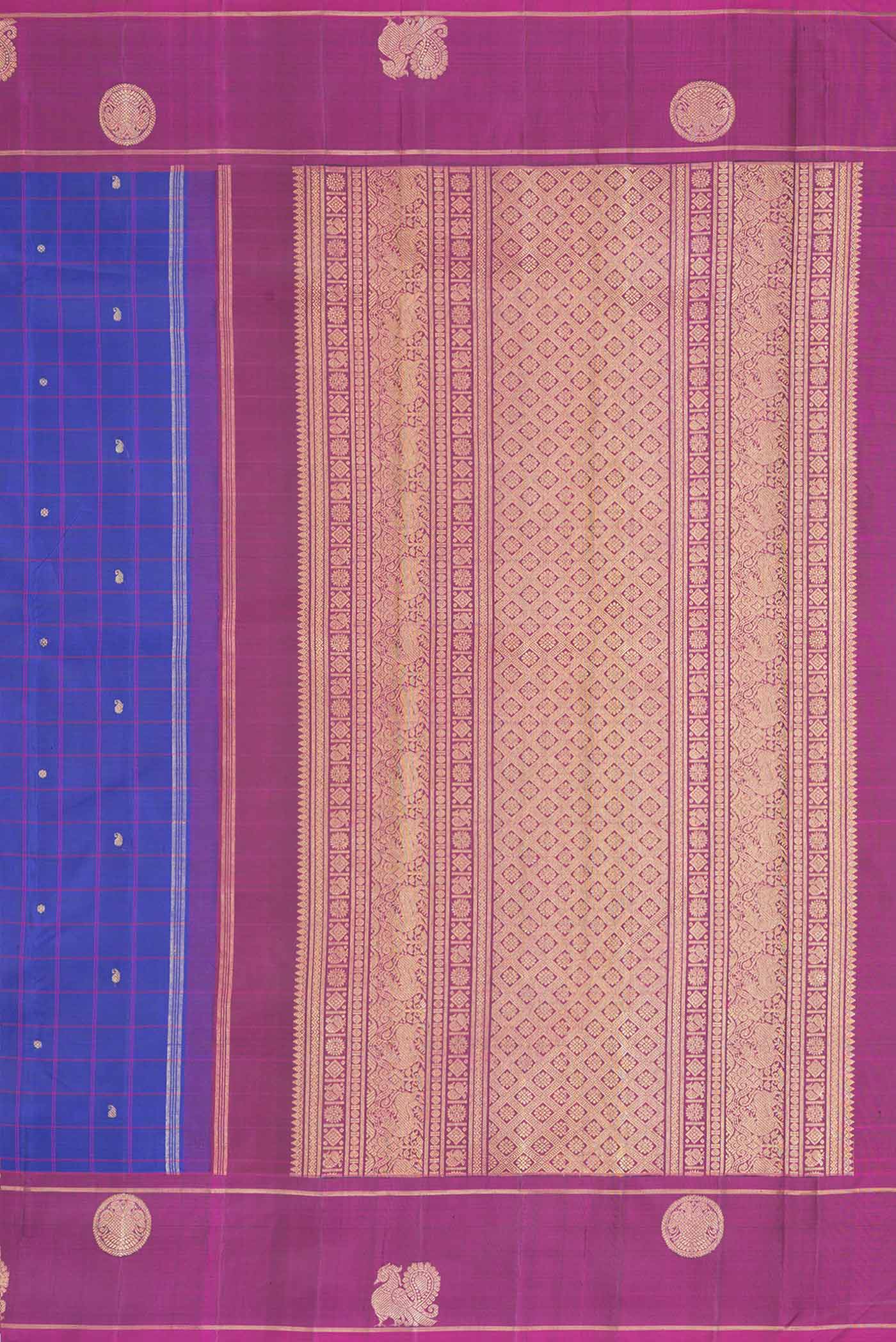 Close up image of the pallu of Royal Blue Dual Tone Kanchipuram Silk Saree with Checked design on the body and Zari Border