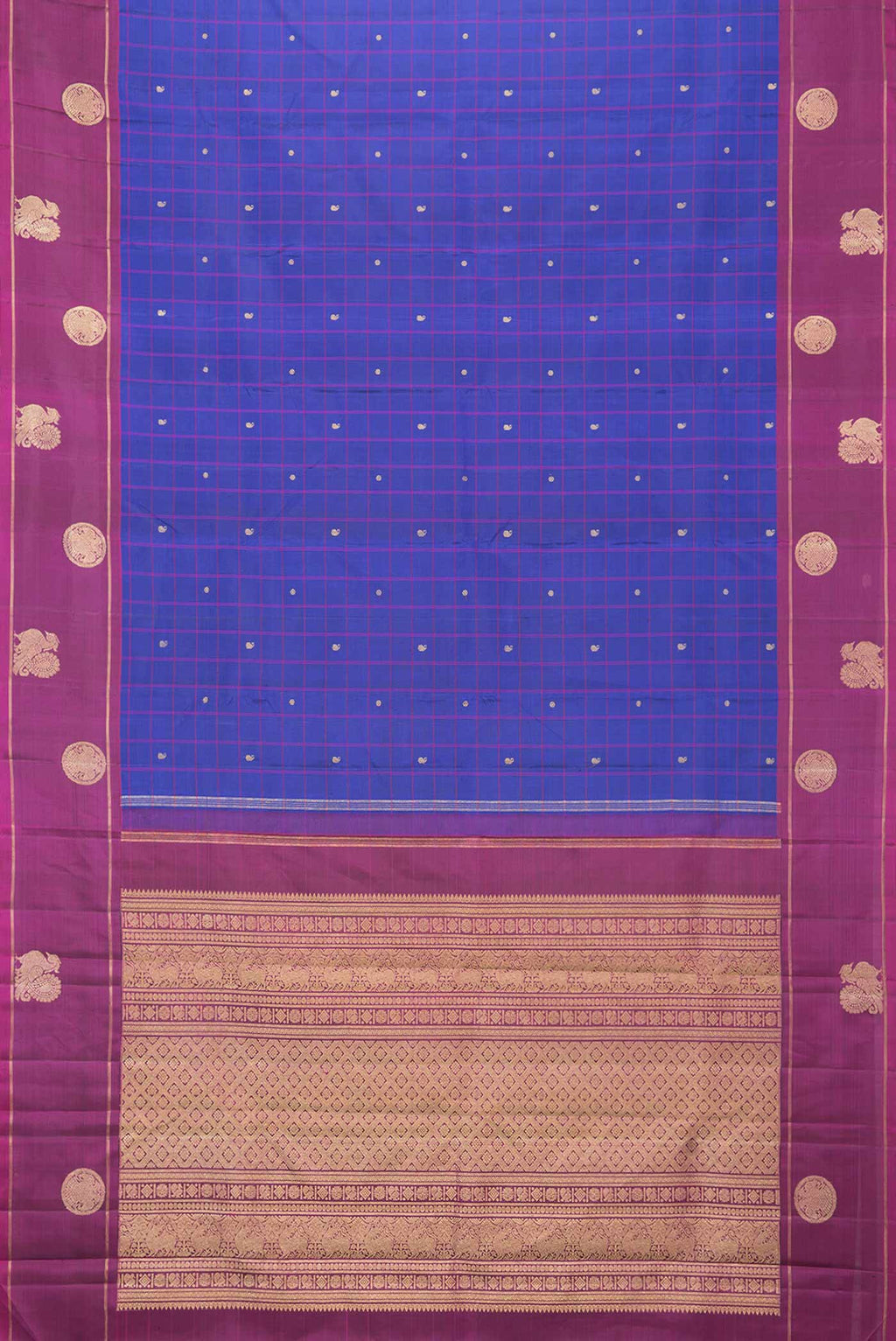 Flat view of Royal Blue Dual Tone Kanchipuram Silk Saree with Checked design on the body and Zari Border