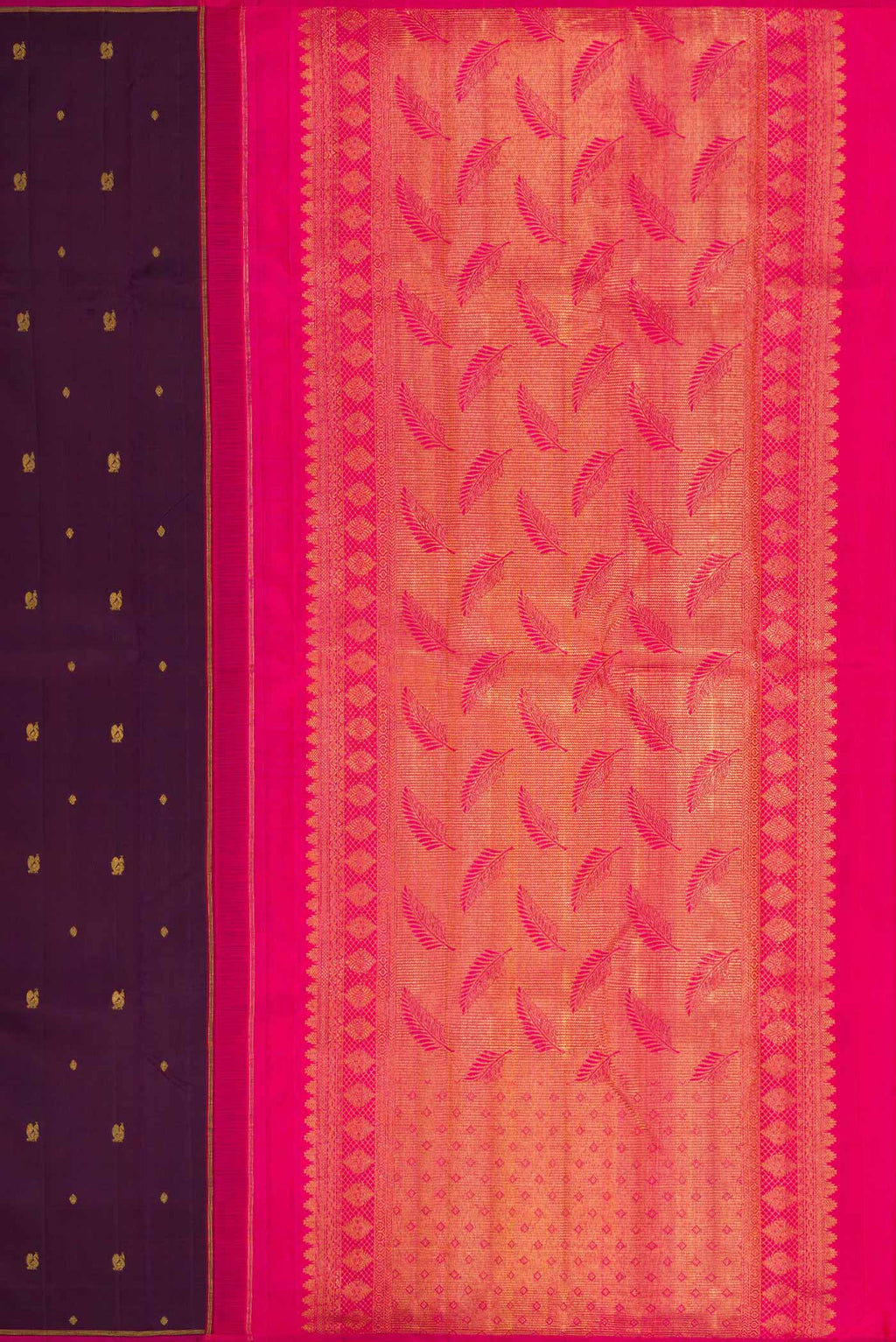 Close up image of the pallu of Pure Silk Pure Zari Burgundy Dual Tone Kanchipuram Saree with Zari Butta on the body and Thin Zari Line