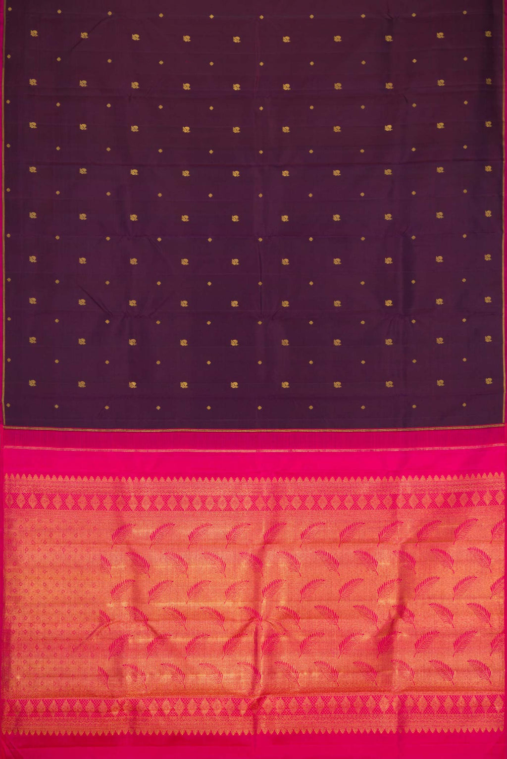 Flat view of Pure Silk Pure Zari Burgundy Dual Tone Kanchipuram Saree with Zari Butta on the body and Thin Zari Line