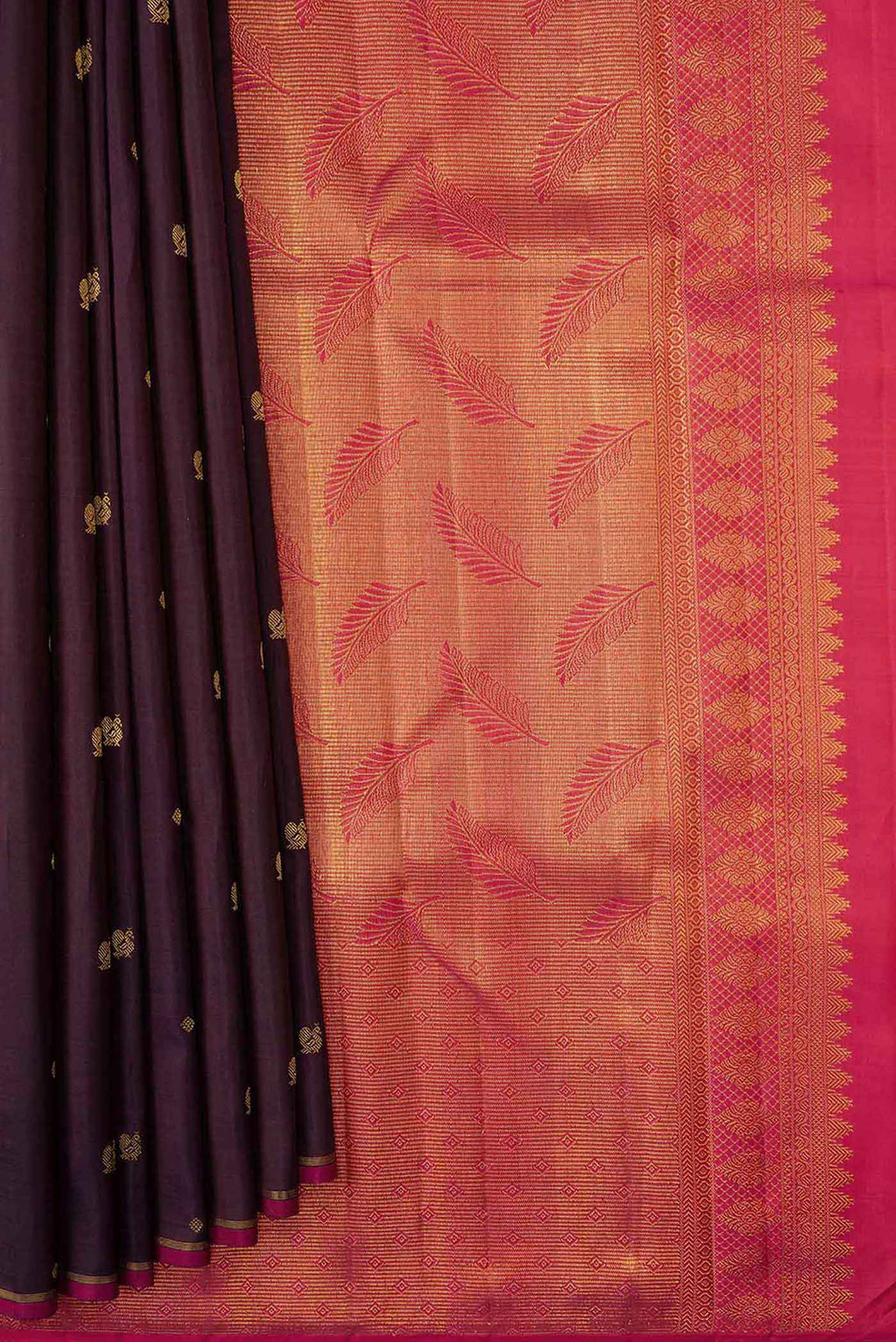 Pleats and pallu of Pure Silk Pure Zari Burgundy Dual Tone Kanchipuram Saree with Zari Butta on the body and Thin Zari Line